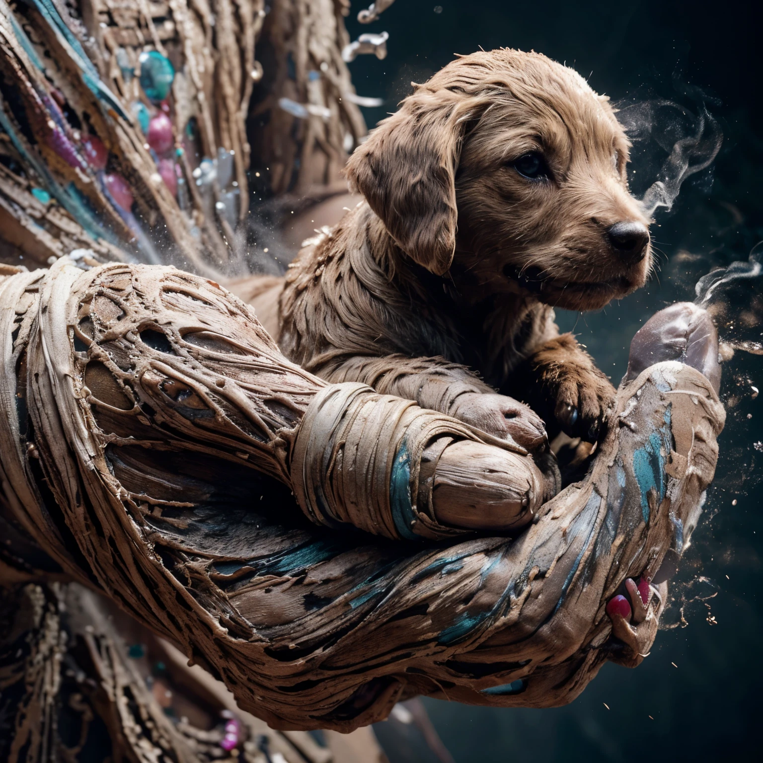 A highly detailed close-up image captures the hand of Mummy holding an puppy with splash and smoke effect showcasing a skin and body texture meticulously crafted to emulate real human features. The deliberate addition of a weathered appearance, enhanced by a vibrant array of multi-color splashes, contributes to an overall textured. high quality, 32k, super detail in resolution, high detailed, HD cinematic