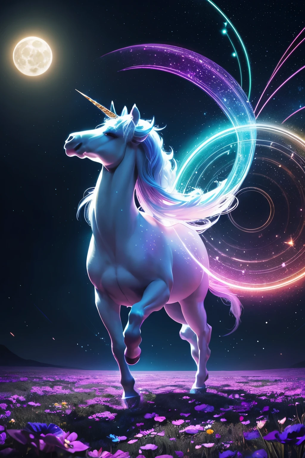 best quality, 32k, RAW photo, incredibly absurdres, extremely detailed, delicate texture, beautiful and fantastic drawings, glittering effects, fantasy, beautiful iridescent unicorns, delicate, flashy and dynamic depiction, 3D, move, art, background heaven, flowers, galaxy, huge magic circle, pale full moon, static electricity, electric discharge, geometric pattern, irregularity, mysterious, sign of something happening, wide space at night, night sky, colorful, rainbow colors neon line light, image processing with mysterious effects