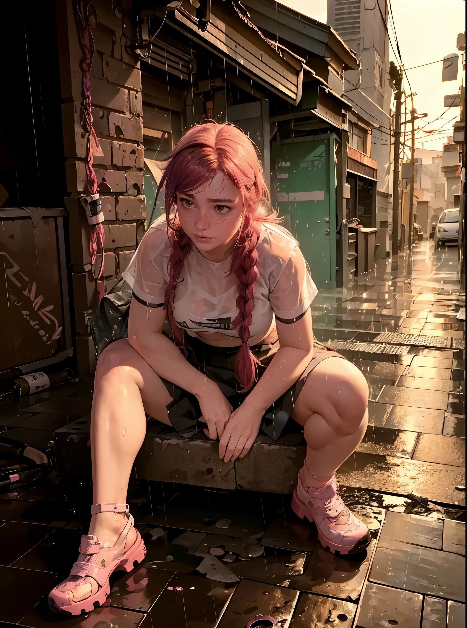 (((realistic))) photo, (full body), masterpiece, highest quality, high detail, (cinematic light:1.1), solo focus, nsfw, 1girl, (sorrow, cry), , sitting with legs dangling on a edge ledge rooftop in the rain, (small breasts:1.1), school uniform, (see through white frilly shirt:1.15), wet, (heavy_rain:1.6), shy, embrassed, (flashing panty:1.2), little school backpack, (pink hair:1.15), (2 side braid hair:1.3), (cyberpunk slum, cyberpunk slumscape background:1.31), (neon lights), detailed lighting, depth of field