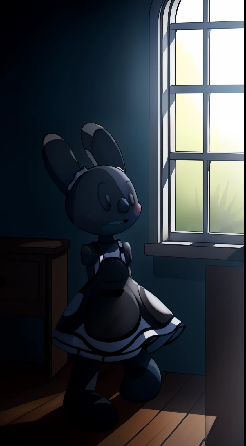 Oswald, armless, missing arms, no arms, black eyes, big and wide mouth, agape, white polka dots on ears, full body, maid dress, shy expression, expressive, blushing harder, dynamic angle, bedroom, window, sunrays, furniture, detailed art, intricate details