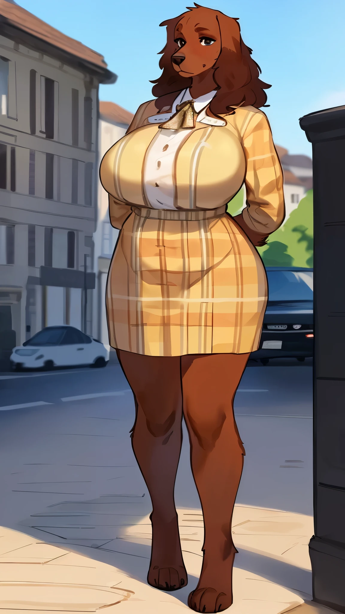 By bebebebebe, by lostgoose, by goonie-san, solo, female, canine, (((hair, irish setter))), white fur, standing, (tail, snout, detailed eyes), standing, (french city, detailed eyes), ((burberry dress)), big breasts, big breasts, hands behind back, chubby, overweight
