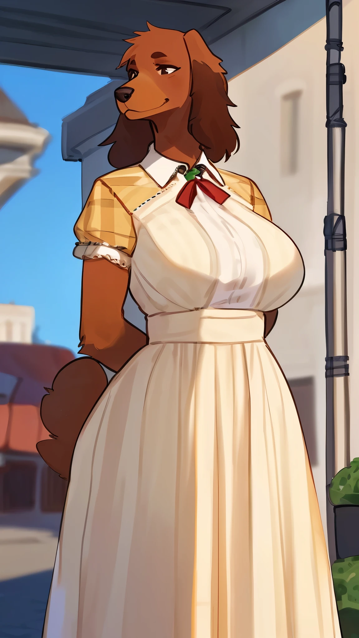 By bebebebebe, by lostgoose, by goonie-san, solo, female, canine, (((hair, irish setter))), white fur, standing, (tail, snout, detailed eyes), standing, (french city, detailed eyes), ((burberry dress)), big breasts, big breasts, hands behind back, chubby, overweight