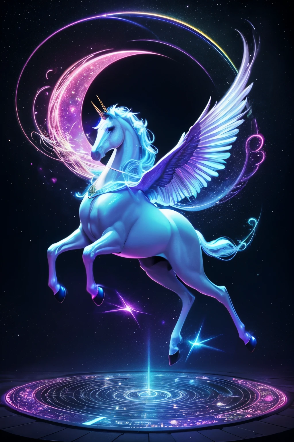 best quality, 32k, RAW photo, incredibly absurdres, extremely detailed, delicate texture, beautiful and fantastic drawings, glittering effects, fantasy, beautiful iridescent unicorns, delicate, flashy and dynamic depiction, 3D, move, art, background heaven, flowers, galaxy, huge magic circle, pale full moon, static electricity, electric discharge, geometric pattern, irregularity, mysterious, sign of something happening, wide space at night, night sky, colorful, rainbow colors neon line light, image processing with mysterious effects