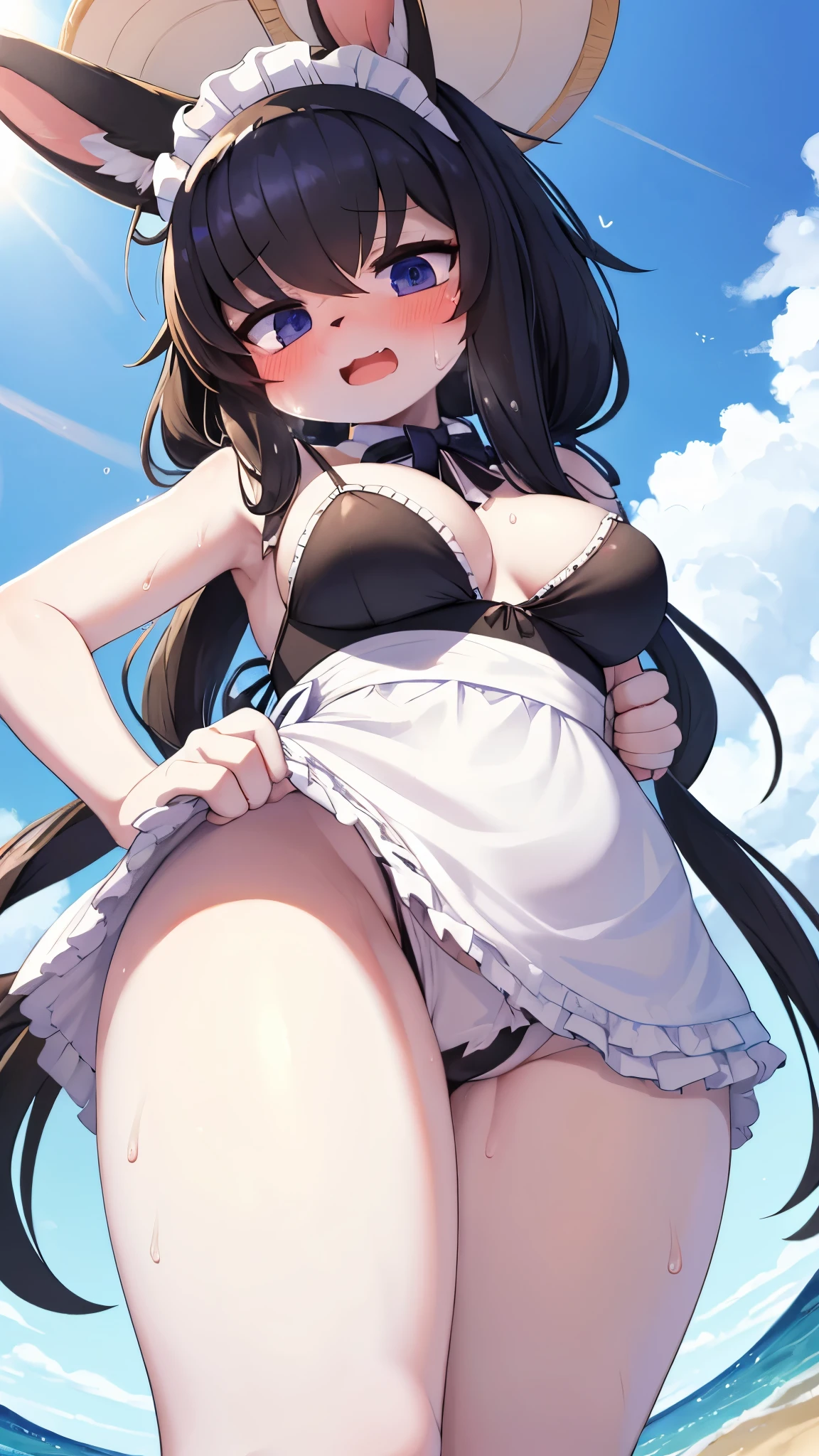 rabbit furry girl,white fur,black rabbit ear,black string bikini with sleeveless frills,cleavage,maid mini skirt,maid mini apron,maid headdress,bow tie,shy face,open mouth,sweat face,full face blush,pubic fur,beach,blue sky,glittered water detailed,low angle