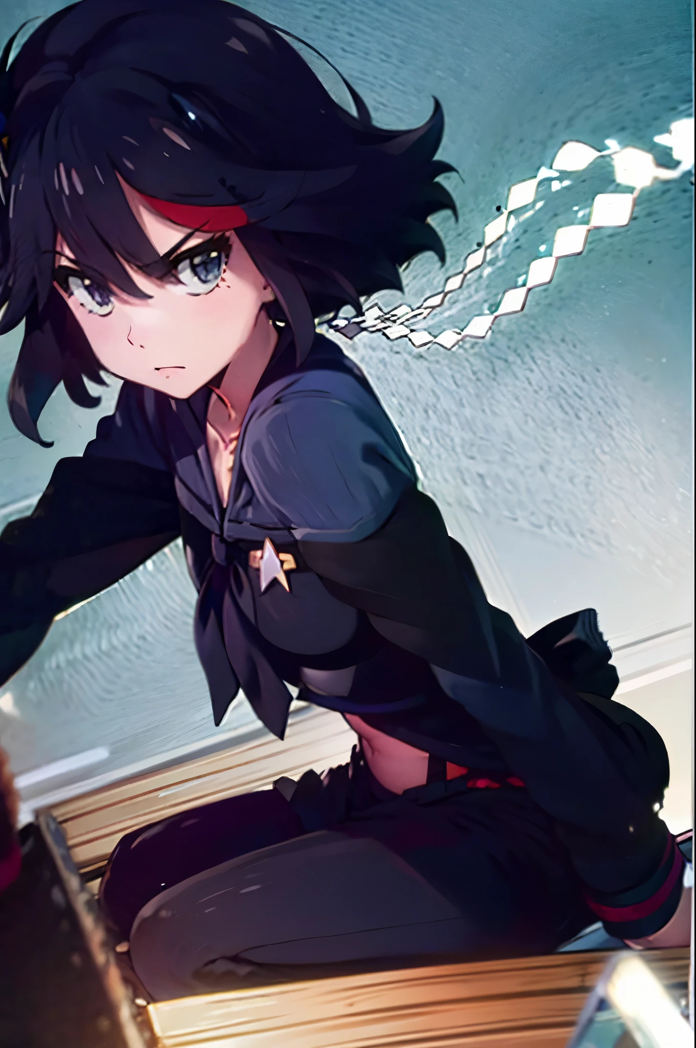 (((pixel-perfect, detail-perfect))), solo, 1girl,  ryuuko matoi,  serafuku, suspenders, navel, closed mouth, v eyebrows, looking at viewer ds9st yellow and black uniform