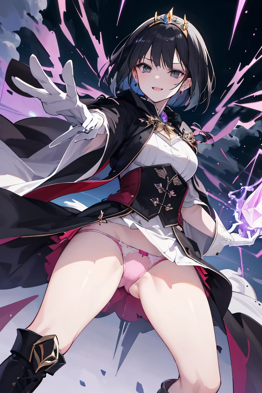 (((1girl))), ((best quality)), ((masterpiece)), ((ultra-detailed)), (illustration), (detailed light), (an extremely delicate and beautiful), (beautiful detailed eyes), (sunlight), ((extremely light)), ((extremely clothes)), (((hyper detail))),(((((front lighting))))),(((((front light))))),
((((quite adorable and more erotic Warlock's robe with a brief skirt and Warlock tiara)))), (((Highest Class Warlock))),
,
((short bob)), ((((black hair)))), (((short hair))),
(((crystal black eyes))),
(((whole body))), aged 8 to 12, ((((())))),
((condescending expression)), ((mischievous smile with sexual satisfaction)), (((extra adorable))), (((((extra slender shape))))),
(((extremely beautiful detailed face))), (((surrounded by dark cloud with strong thunderbolts))),
(((((attacking enemies by a spell of black cloud with thunderbolts))))), (((elegant magic boots))),
(((((Dutch angle))))), (((white gloves))), (a little bit exposed pale pink panties)