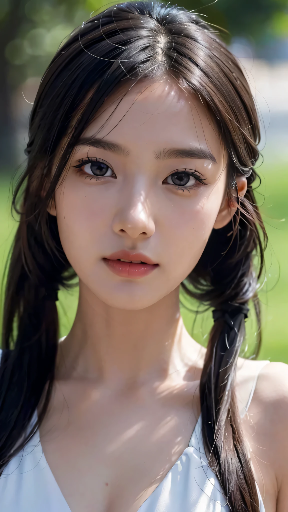 One woman,fully body photo,masutepiece, The highest image quality, High quality, the background is clear,Beautiful woman, Japanese, Detailed, Detailed eyes, Detailed skin, Beautiful skin, 超hight resolution, (reality: 1.4),Very beautiful woman, Slightly younger face, Beautiful skin, slender, (Ultra photo realsisim), (hight resolution), (8K), (Very detailed) (beautifully detailed eyes), (super detailed), (Detailed face), view the viewer, Fine details, Detailed face, Staring straight ahead, Staring straight ahead, photos realistic, Bright lighting, Professional Lighting, Black hair,poneyTail,a baby face,sixteen years old,髪型はponeyTail,wear a ribbon,ロングのponeyTailの髪型,winking,Clear sky, on grass.