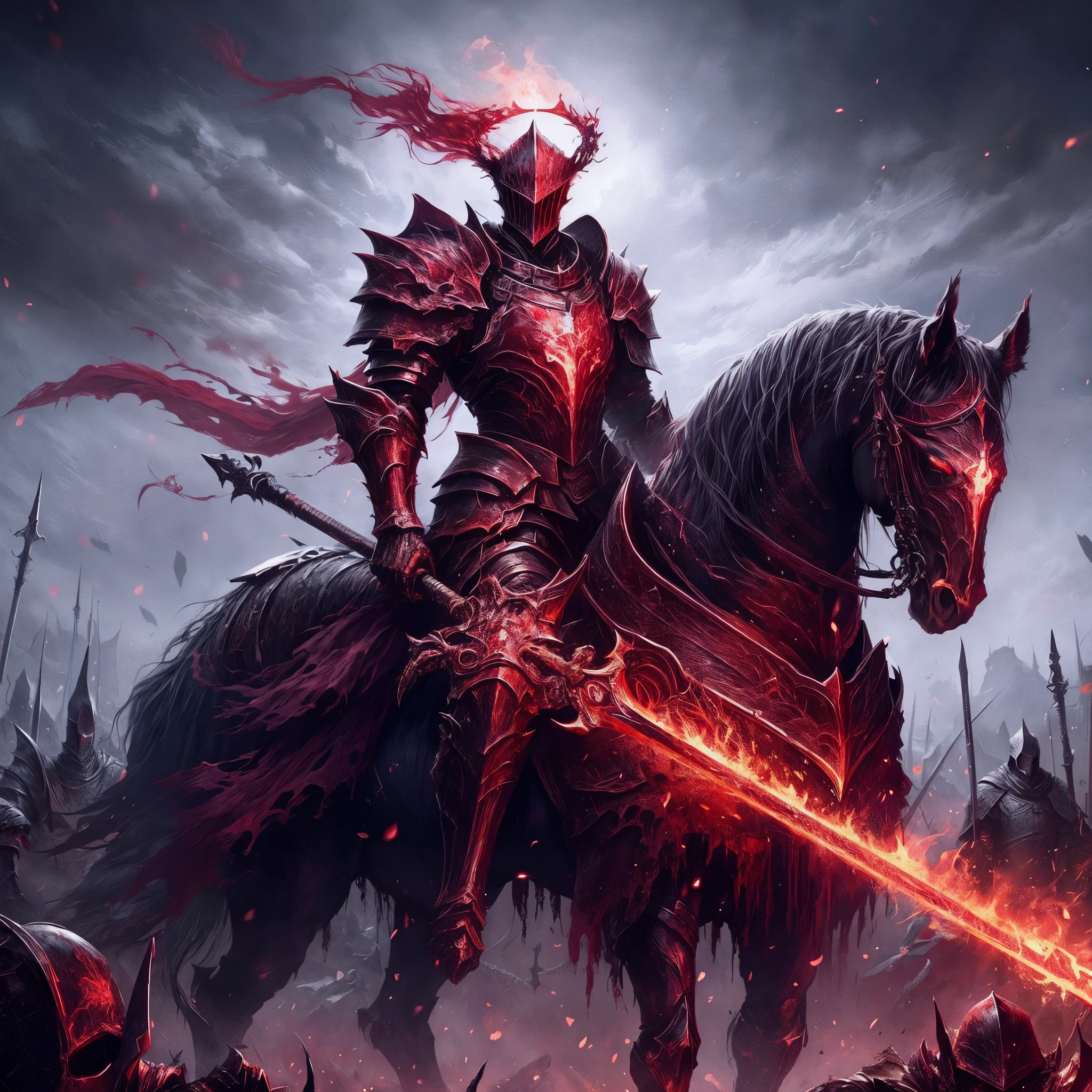 a close up of a person on a horse with a sword, blood knight, evil knight, knight armored in red, blood red armor, dark souls knight, fantasy knight, gothic knight, the dark souls knight, dark soul concept, lord of cinder, undead knight, epic fantasy art style hd, dark souls art, dark souls art style, fallen knight, scary knight