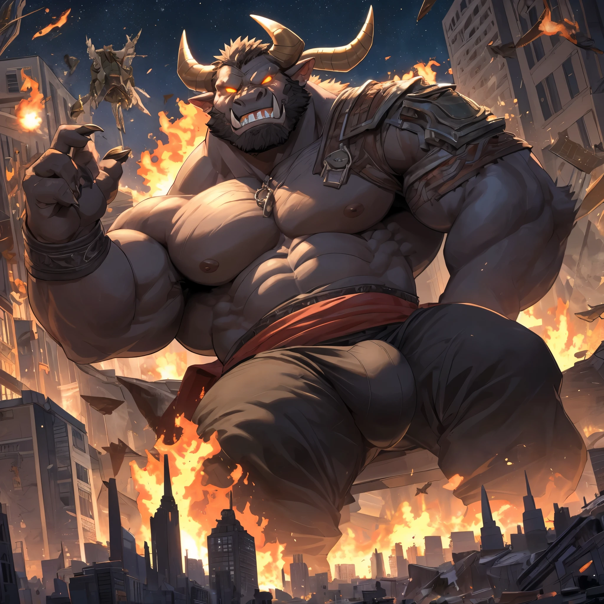 Bull Orc, minotaur, male, Strong build, brown skin is covered with fur, long sharp teeth, large thick lower canine teeth, thick spiral bull horns and claws, large bull horns, (glowing eyes: 1.2), giant sized, no pants, larger than city, reclining on a battlefield, buckled boots, stepping on building, rampage, impact, his foot is breaking the ground, wearing a rag around waist, looking down, evil smile, thick arms, thick thighs, (large pecs: 1.2), fat pecs, (bara pecs: 1.2), macro, landscape dwarfing, city destruction, building destruction, ruined city, city on fire, city dwarfing, giant bulge in pants, tiny human soldiers