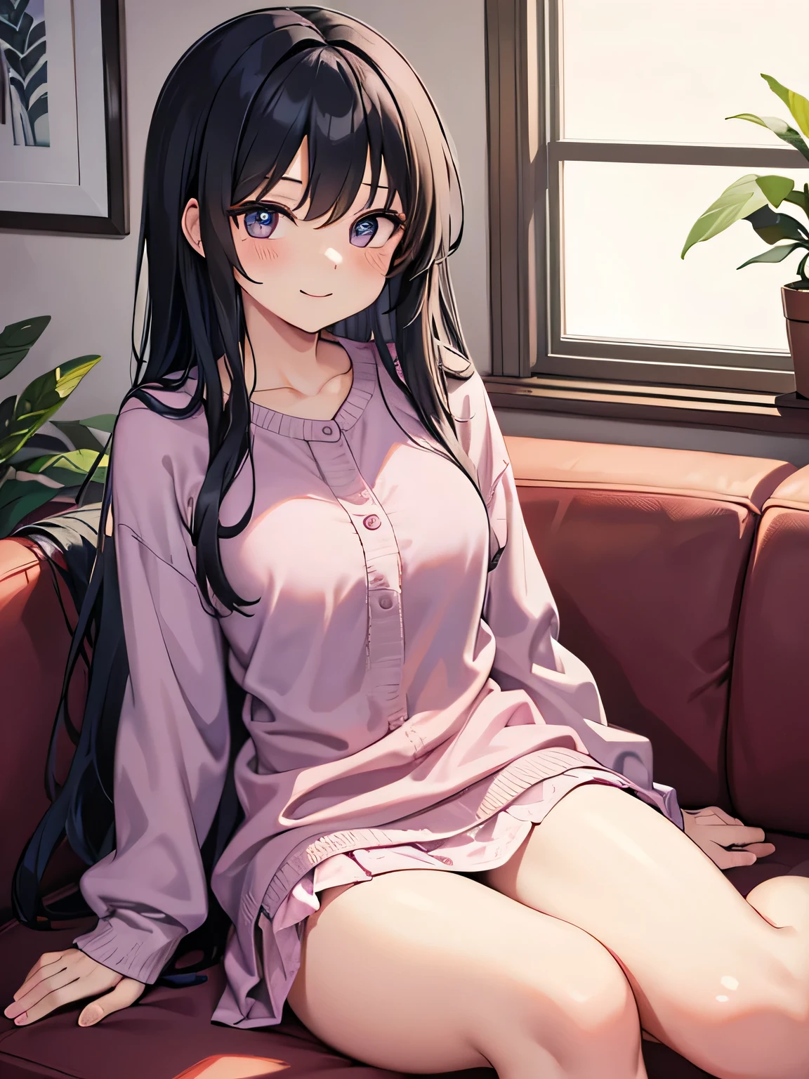 (1) A woman is sitting alone on a sofa in the living room. Her pink panties are almost visible between her thighs and skirt.
(2) The woman is wearing a blue long-sleeved mini dress.
(3) she has long black hair.
(4) Her expression is a smile; She is 29 years old and has a mature look..
(5) The location is the sofa in the living room of the apartment at night..