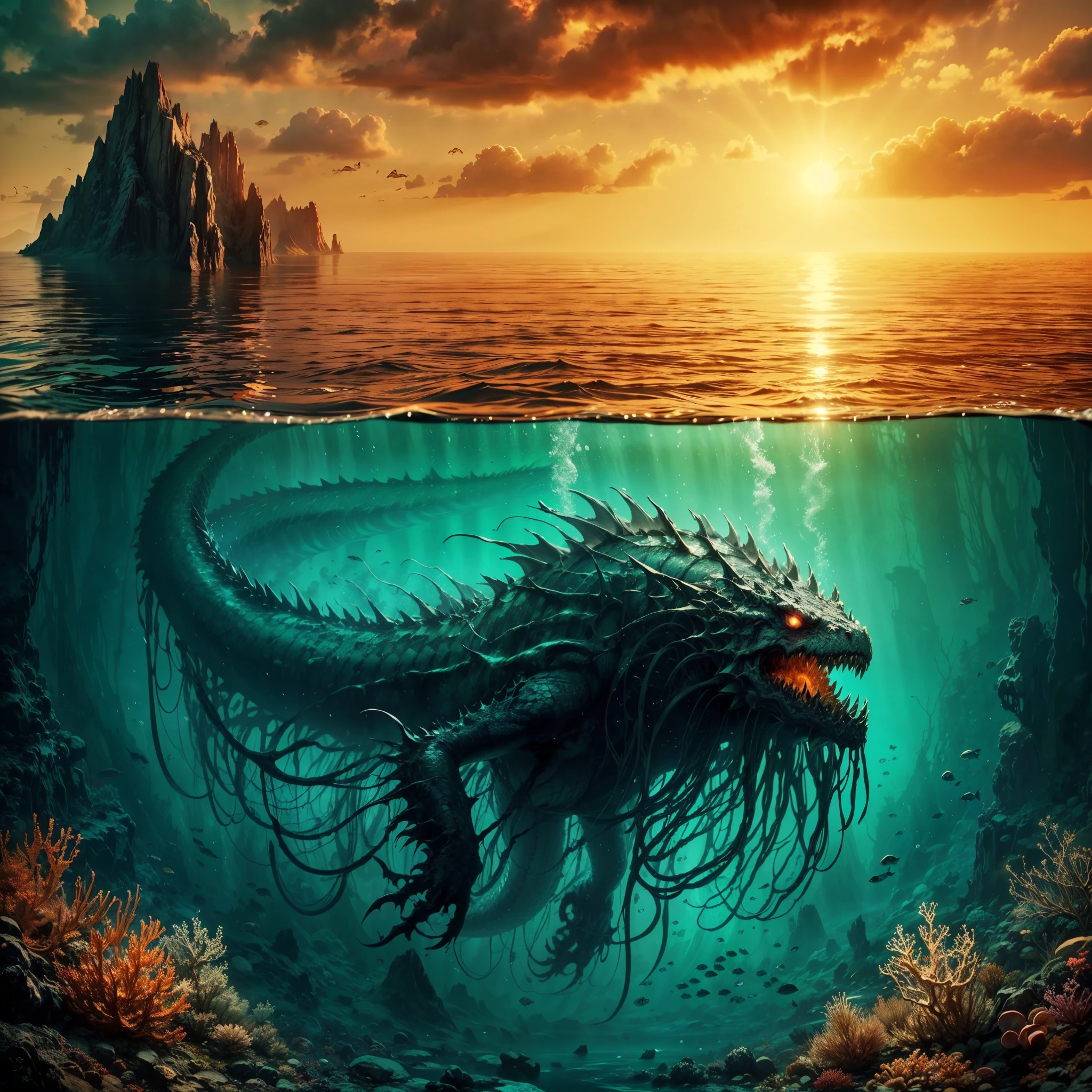 ,hp.lovecraft, image of a super deep lake,vague underwater, cloudy water,a colossal abyssal reptile dragon swimming under it, completely submerged, big eldritch hybrid shape,long bulky shape, twisted scary look coral and fish, underwater eldritch being, scales and fins,long fish like tail,small tentacles,claws,teeth, chimera,eyes, high contrast between under and above the water, warm color above but cold color under, some island on the surface,sun shine, skull