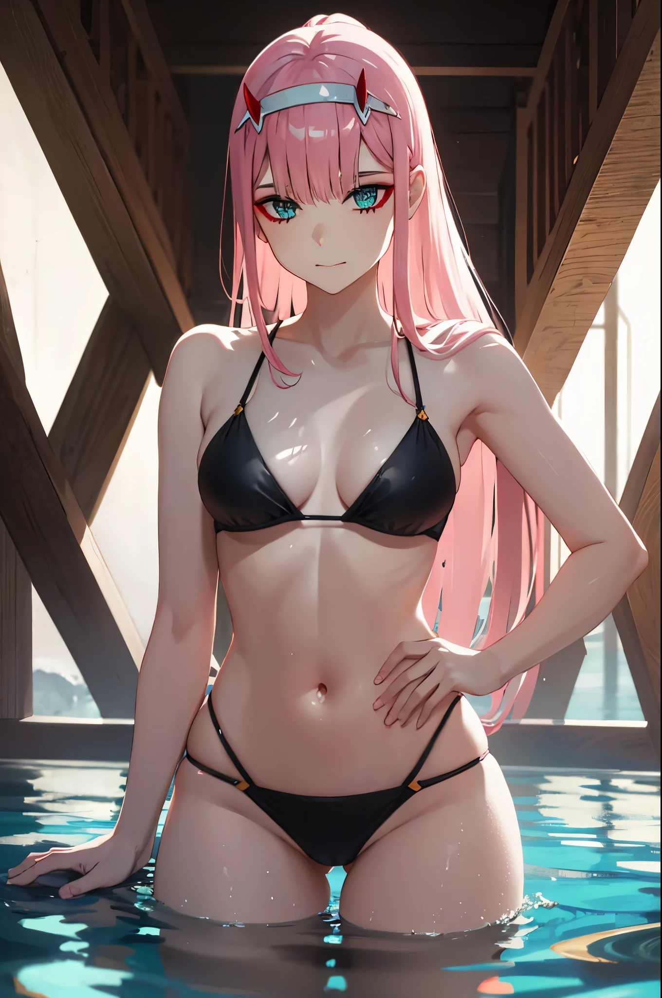 (Unity 16K wallpaper, Masterpiece, Best quality, Ultra-detailed, Extremely detailed CG, Caustics, Cinematic lighting, Detailed, Beautiful detailed eyes, Solo,swimmingpool),zerotwo, small horns, Fine skin、Sexy, curby ,NSFW,(black Bikini swimwear:1.3), nabel，Long black hair，By bangs，High ponytail，Brown eyes、Breast: None ,21 years old、Access to the pool