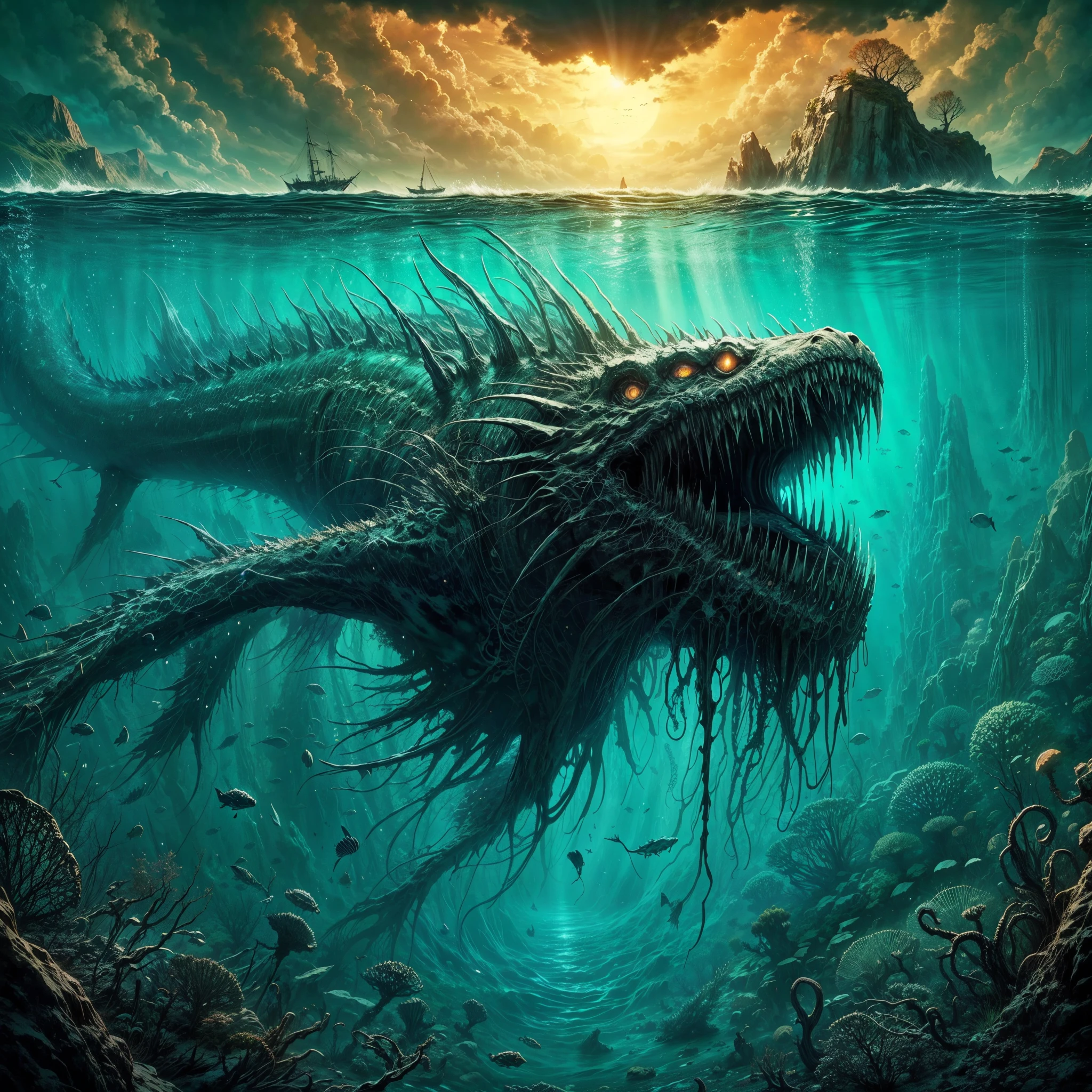 ,hp.lovecraft, image of a super deep lake,vague underwater, cloudy water,a colossal abyssal reptile dragon swimming under it, completely submerged, big eldritch hybrid shape,long bulky shape, twisted scary look coral and fish, underwater eldritch being, scales and fins,long fish like tail,small tentacles,claws,teeth, chimera,eyes, high contrast between under and above the water, warm color above but cold color under, some island on the surface,sun shine, skull 