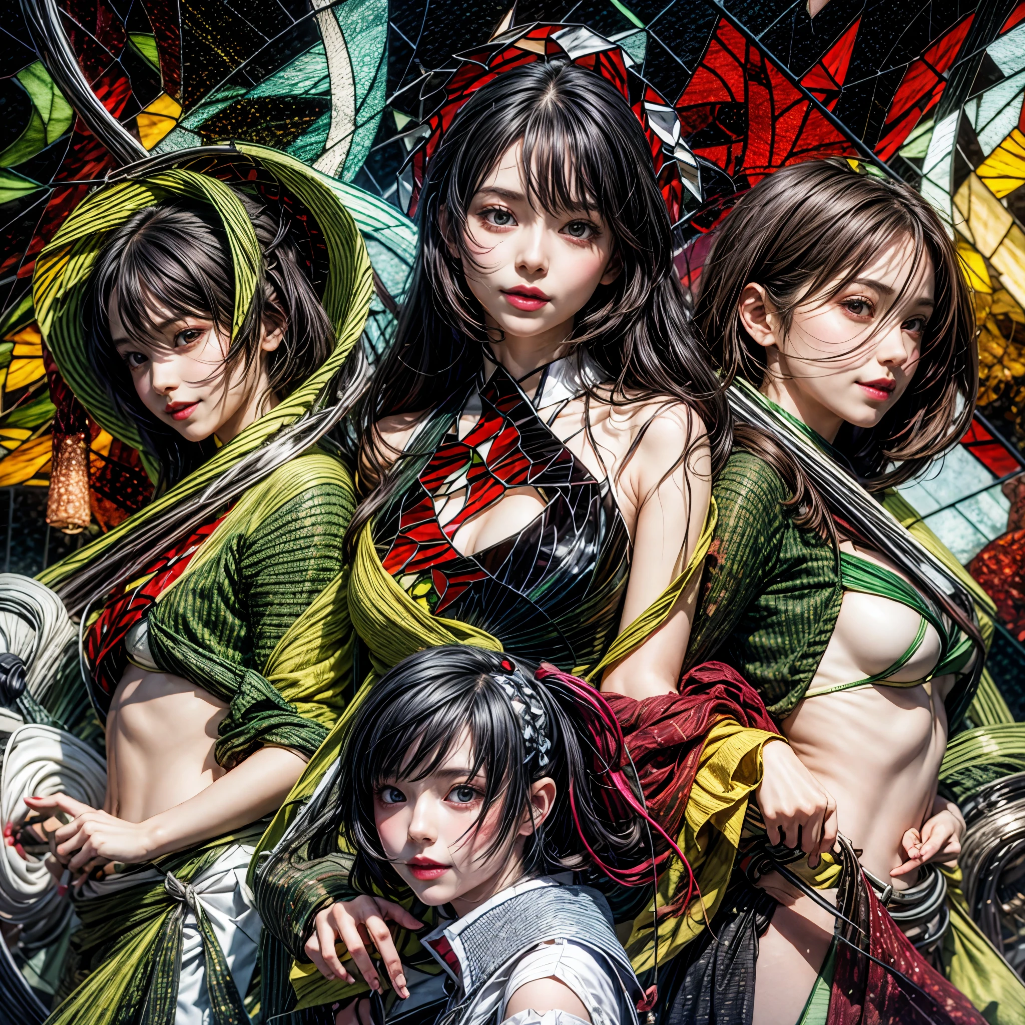 (sfw, White and Red, Acutance:0.8), Masterpiece, (realistic and ((photorealistic:1.37)) with touch of rawness). A group of KAWAII girls in loose opened uniform without bra . (extremely detailed KAWAII face variations, joyful expression variations), { Navel | pretty Ass | Overflowing underboob | (White panties) with blood only in crotch area | (full of Flowers covering girl's body) | (Dazzling colorful stained glass with delicate details:1.2) } . (Exposed:1.2), ((nipple:-0.9)), (((hand:-1,Unaligned fingers:-1))) .
