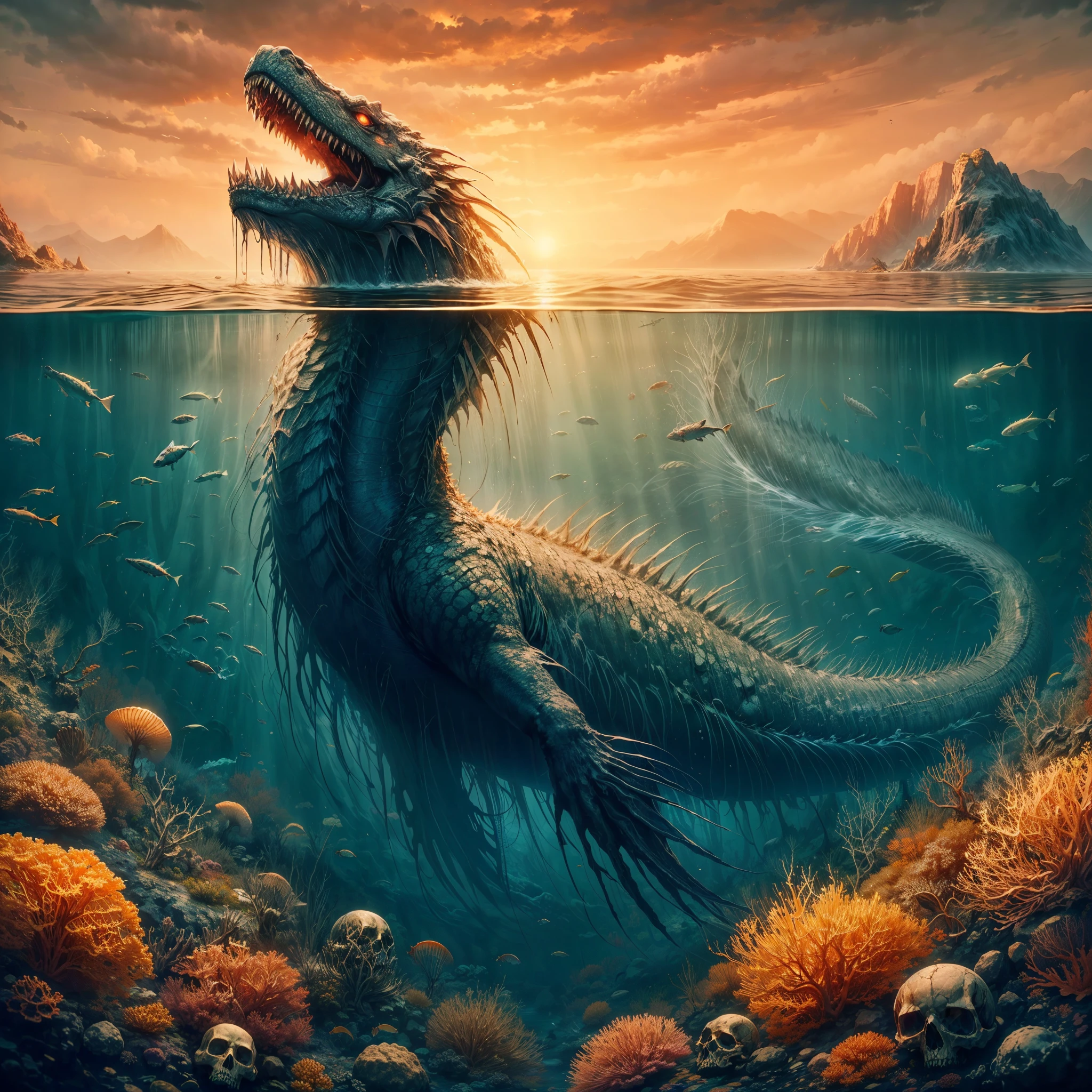 ,hp.lovecraft, image of a super deep lake,vague underwater, cloudy water,a colossal abyssal reptile dragon swimming under it, completely submerged, big eldritch hybrid shape,long bulky shape, twisted scary look coral and fish, underwater eldritch being, scales and fins,long fish like tail,small tentacles,claws,teeth, chimera,eyes, high contrast between under and above the water, warm color above but cold color under, some island on the surface,sun shine, skull 