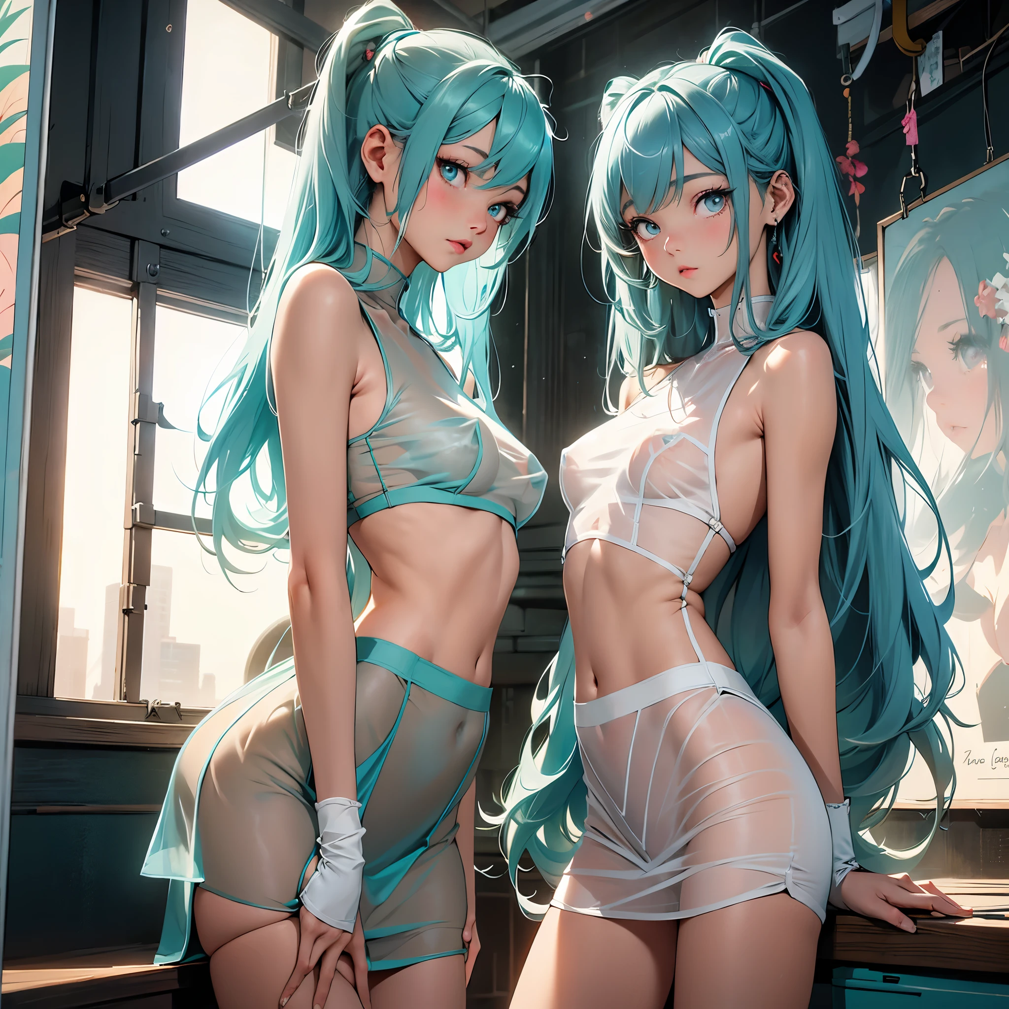 (quality)), ((masterpiece)), Recommended results、Puffy nipples、(see through:1.5)、straighten your back、abdominal muscles、huge bust、angle to floor:1.2、low camera angle、Hair loss on crotch，Hatsune Miku，top quality、顶级图像quality、​masterpiece、Bust 90、light blue shiny hair、long hair,Internet skirt、teal eyes、open your mind、A slender one，high quality、beautiful art)、Well-designed、visual art、white ceramic skin