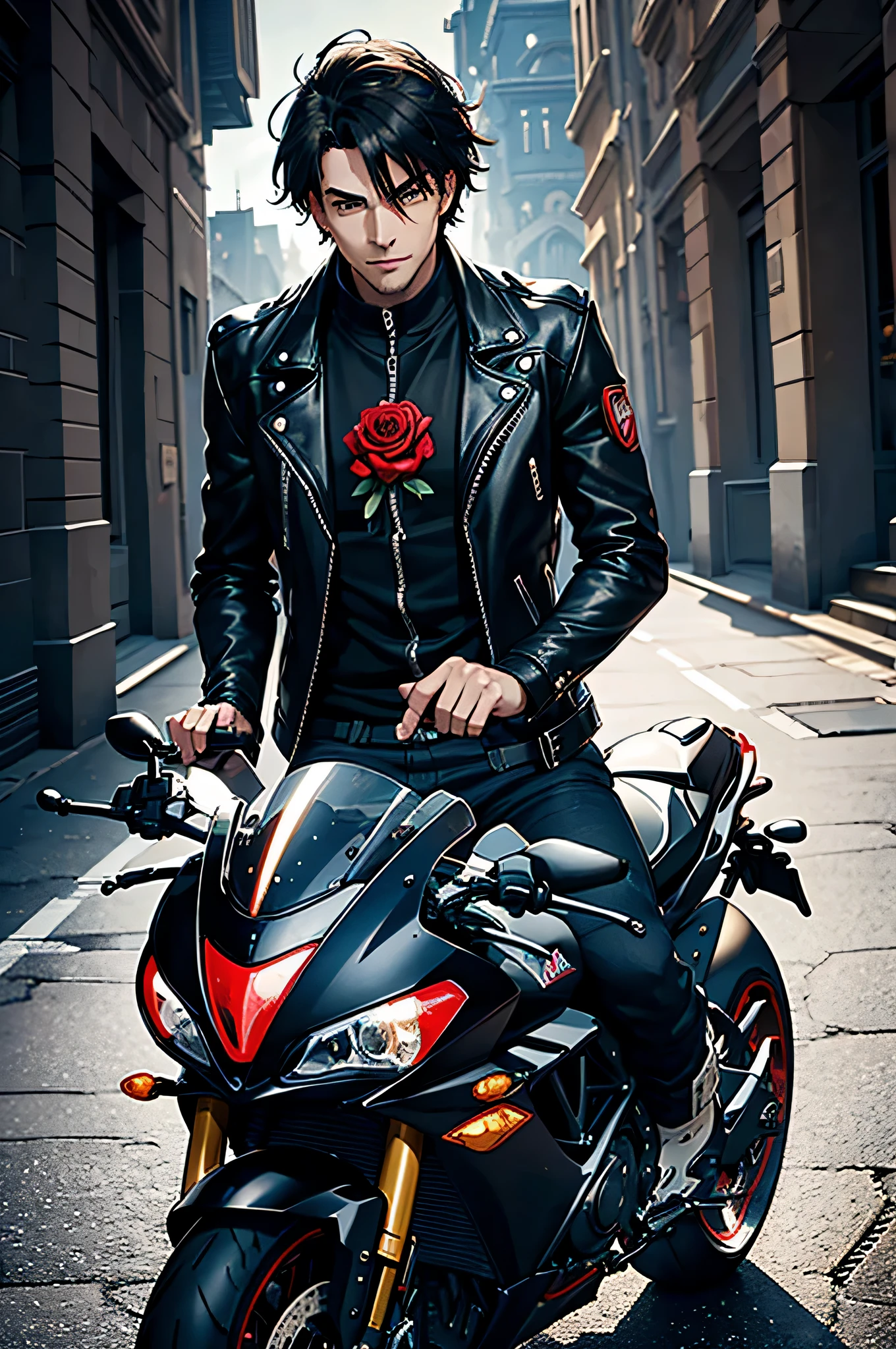 Show Ray a charismatic and eccentric character, sports a leather jacket, unkempt hair, and an ever-present smirk. His eyes hold a mischievous glint, and he exudes an air of confidence. Ray's motorcycle gear, adorned with patches and symbols, reflects his rebellious nature.....confidently seated on his Aprilia Tuono V4 Factory bike in the palace driveway. The bike is revving, and Ray holds a red rose between his teeth. The gothic palace looms in the background, with intricate details, as shadows play across the stonework. The sky is transitioning from day to dusk, creating an eerie atmosphere..((best quality)), ((masterpiece)), (detailed), perfect face