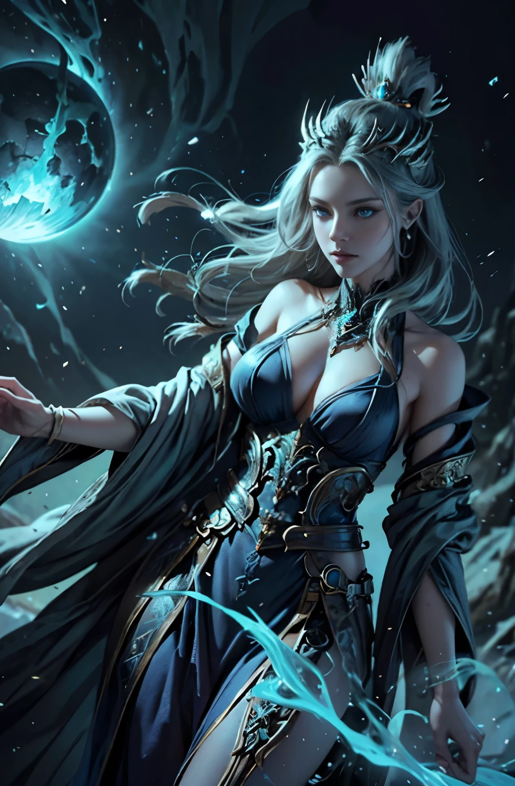 A very beautiful woman who meets a strange creature, Mage Woman, 4K fantasy art, by Jan J., fantasy art style, 2. 5d cgi anime fantasy artwork, epic fantasy art style hd, Epic fantasy digital art style, detailed fantasy art, Detailed digital 2D fantasy art, Ruan Jia and Artgerm, 8K fantasy art, sharp outline, extremely detailed and beautiful eyes, blue eyes without pupils, beautiful blue eyes, quite beautiful face, Rin々Looks, Valhalla, unparalleled beauty, best quality, perfect angle, perfect composition, best shot, official art, cinematic light, very beautiful and fantastic scenery, chivalry dream, Sense of presence