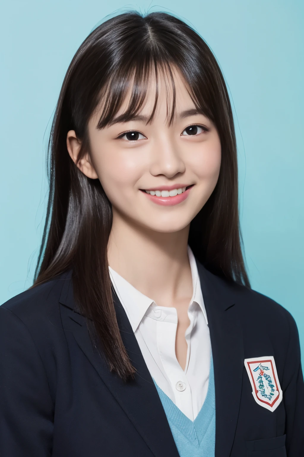 ((ID photo、face only))、(School Uniform Jacket、Detailed bra、black hair、real face)、cute japanese woman、16 years old、young girl、light blue background、Turn your body to the front、smile、blank space above the head