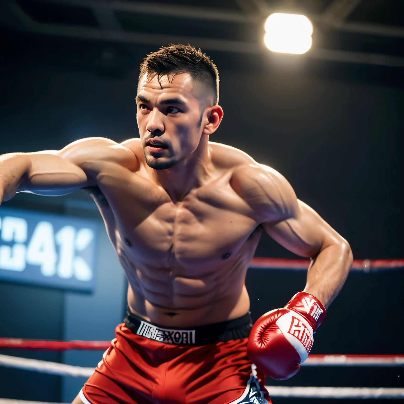 (Best quality, masterpiece: 1.2), portrait, boxer, outdoors, a 27-year-old man named Liang in the boxing ring: 2, red boxing shorts and gloves, sweat dripping from his forehead, sun setting in the background: 1.3. Same character, different pose, indoor setting, ring light: 1.5, intricately detailed muscles and veins: 1.5. (Three boxers: 1.5), high-definition close-up photo of a boxer, (masterpiece: 1.0), (Best Quality: 1.4), ultra-high resolution, Canon EOS R6,