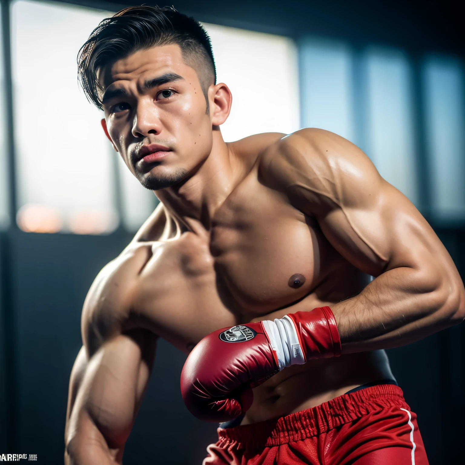 (Best quality, masterpiece: 1.2), portrait, boxer, outdoors, a 27-year-old man named Liang in the boxing ring: 2, red boxing shorts and gloves, sweat dripping from his forehead, sun setting in the background: 1.3. Same character, different pose, indoor setting, ring light: 1.5, intricately detailed muscles and veins: 1.5. (Three boxers: 1.5), high-definition close-up photo of a boxer, (masterpiece: 1.0), (Best Quality: 1.4), ultra-high resolution, Canon EOS R6, 