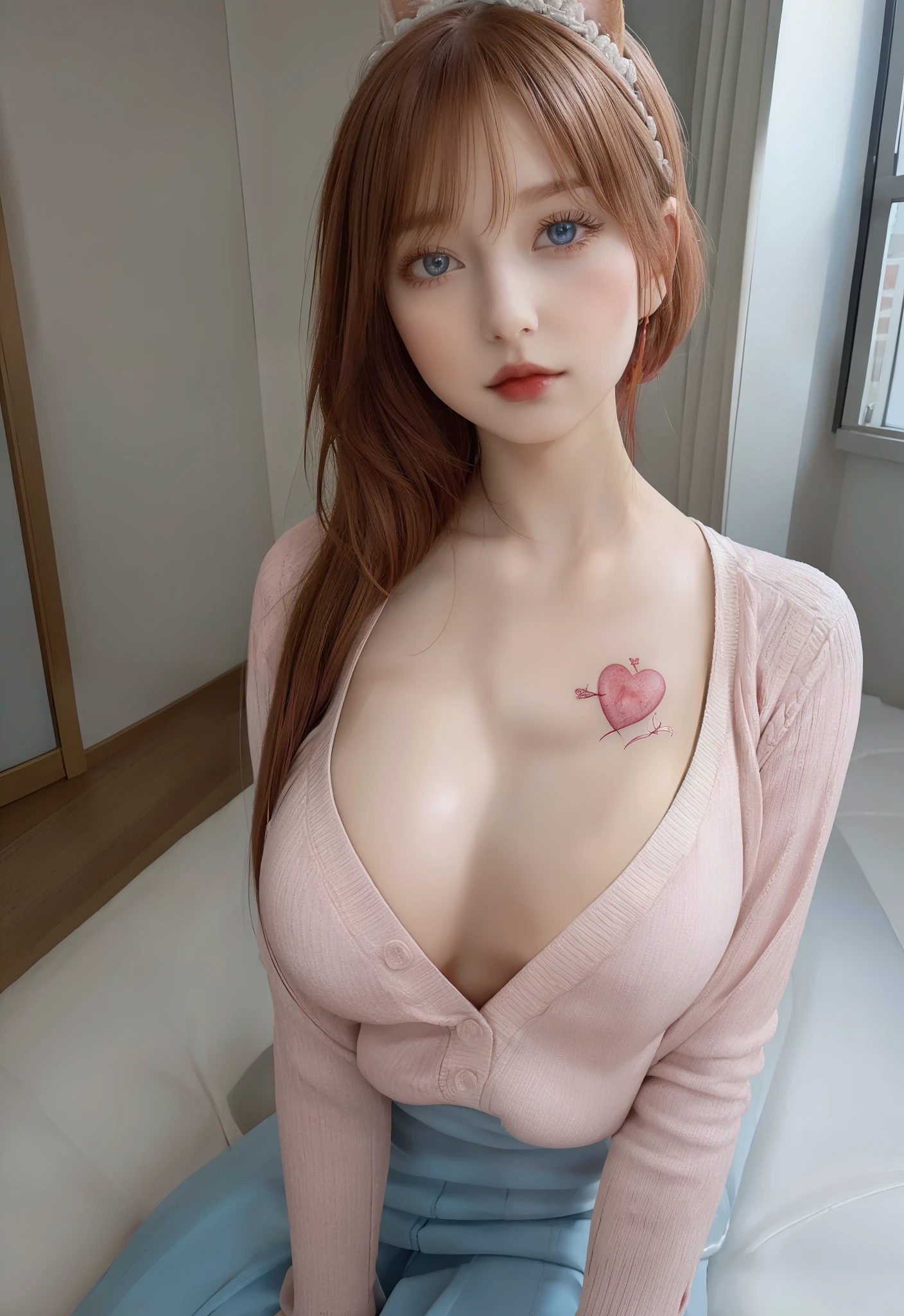 (ung girl), amazing face and eyes, pink eyes, (very beautiful girl), (the bestquality:1.4), (Super detailed), (masterpiece, the best_quality, Super detailed, 8k, ultra high definition, flawless:1.latin blue hair, blue hair,catwoman,, cat ears, Shiny and moist oily skin, on the bed, Breasts are not a big deal, heart tattoo above, , Having thick legs is no big deal, Beautiful hip curve, not too, only, tight skin, facing the audience, Windows, bedroom, midnight, Sexy,,japanese goddess, Cardigan shirt, V-shaped bust clothes, low cut,not too,下垂的Breasts are not a big deal,thick lips,duck mouth, Looking to the future,up,portrait photo,super closeup,face camera,Take photos carefully,double tail,Red hair长波浪,Red hair,European and American women,,Mature