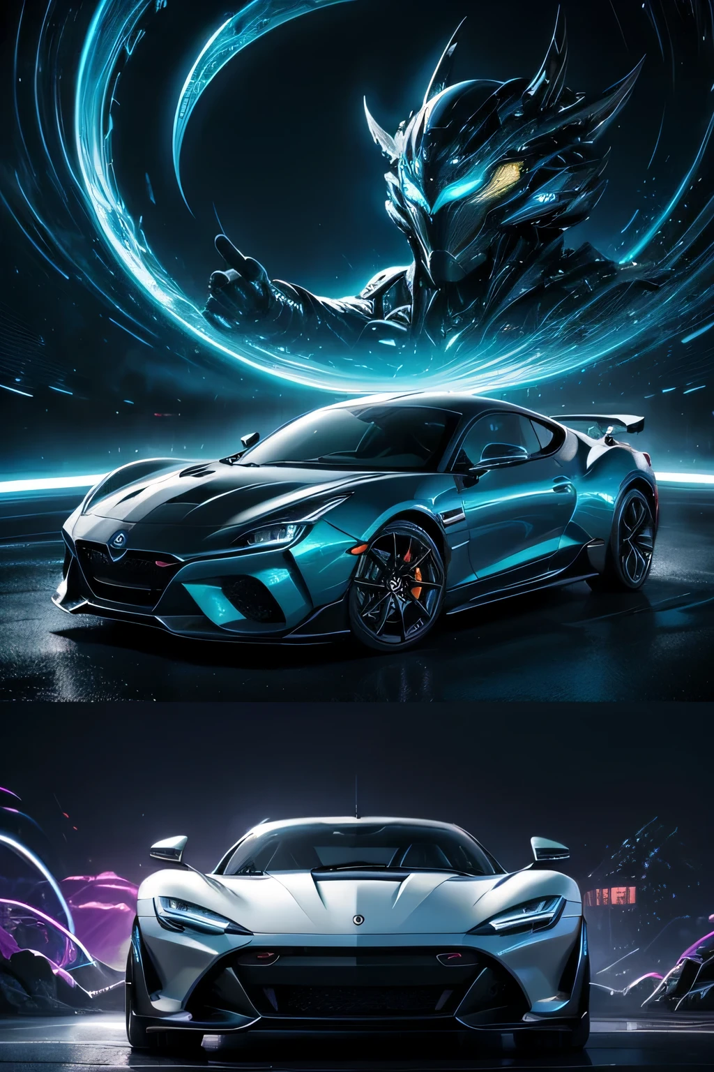 biomorphic、car from another world、stylish、Functions that transcend time and space、forward/Reversing function、Extradimensional space warp、Autonomous driving、bioenergy、weapons、fantasy、neon light、