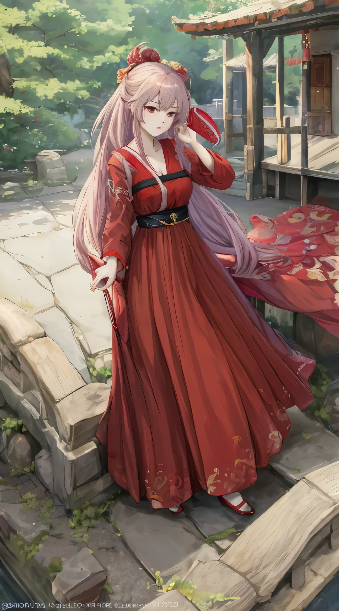 Anime girl wearing red dress，Holding a fan in your hand, Palace ， A girl in Hanfu, Guweiz in Pixiv ArtStation, Guweiz on ArtStation Pixiv, trending on cgstation, Guviz-style artwork, Guviz, guweiz masterpiece, by Yang J, flowing hair and long robes