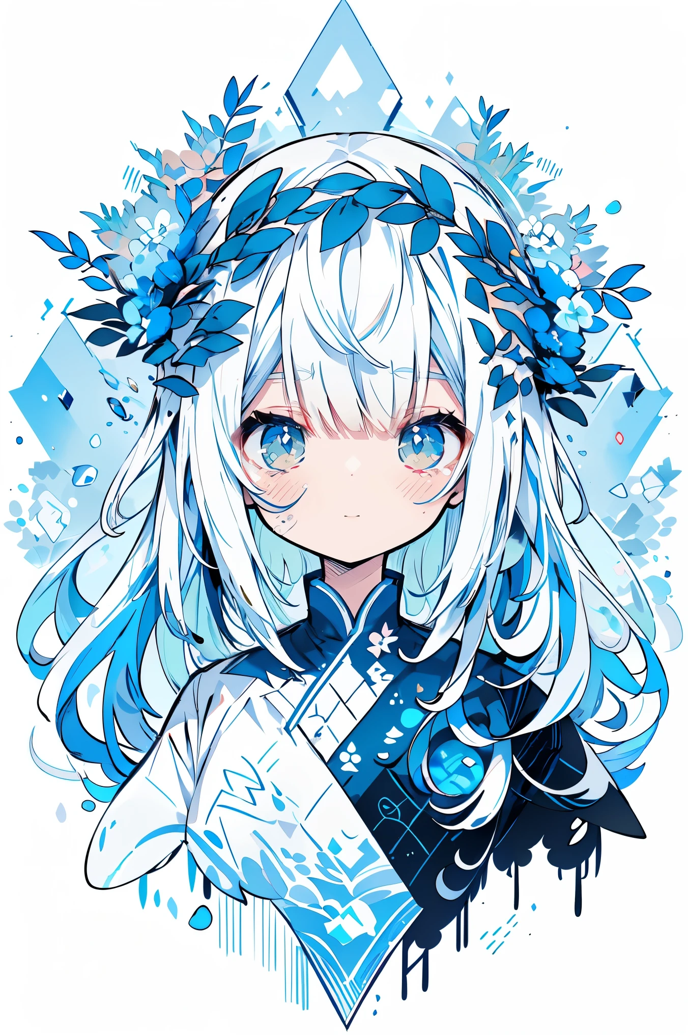 (White background:1.4),(Nature Illustration Water:1.3,paper art:1.3, Quilted Paper Art:1.2),( Reasonable design, Clear lines, High Sharpness,Best Quality, Very detailed, masutepiece, Movie Light Effects, 4K )(white petals、Blue petals:1.0)、Lots of flowers flutter、the wind、Background with、Spring-like、Girl Facing Left、white petals、Blue petals、a lot of white and blue petals,,,,、very light blue hair、shed tears、Beautiful tears、deadpan、mournful、the flower crown、with flowers