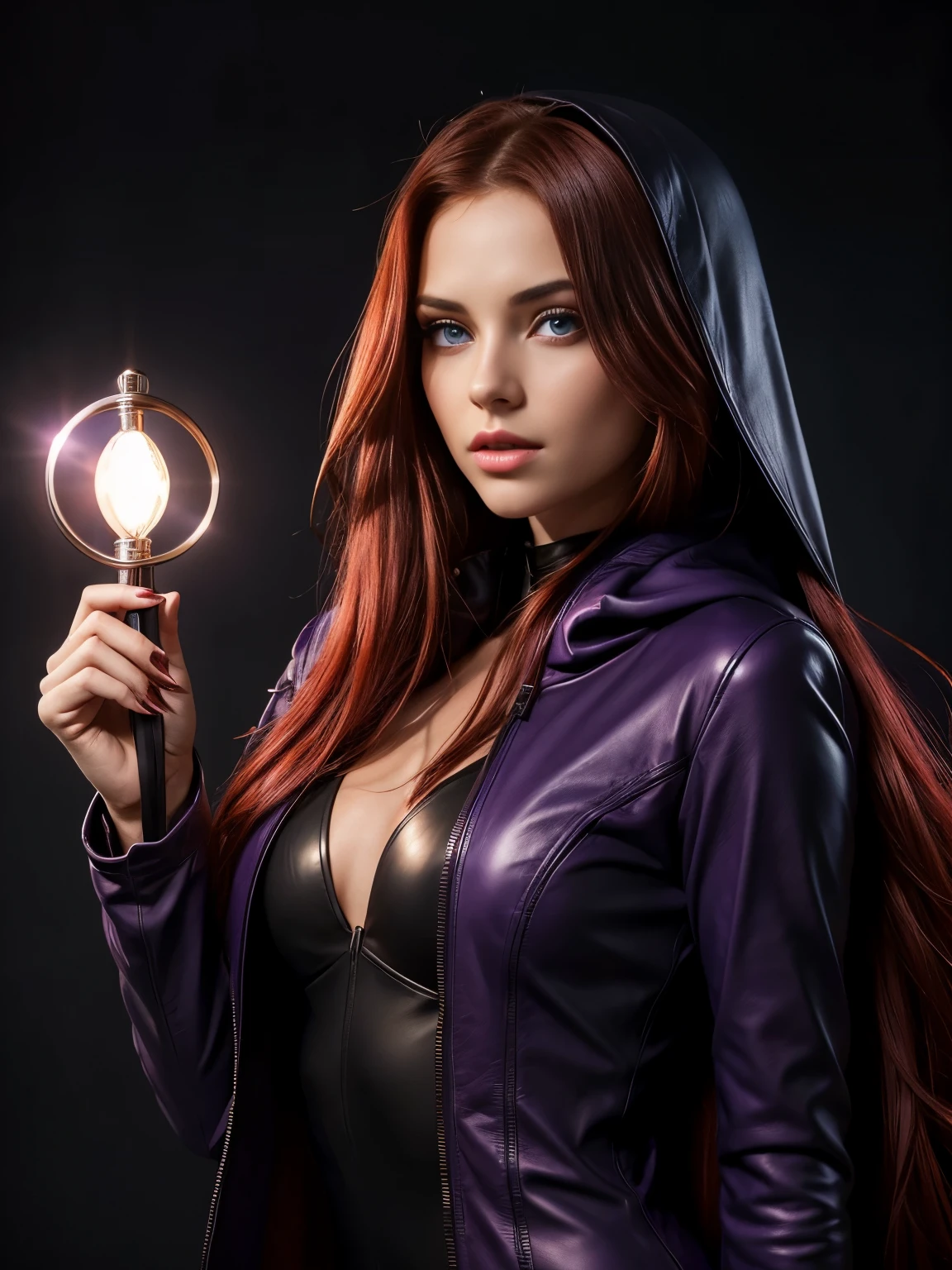 A beautiful girl with a mysterious light that illuminates the dark night. She wears a purple leather suit and a long red hooded coat, and is the strongest magician who harbors and unleashes the power of black, gorgeous eyes, super long red hair
