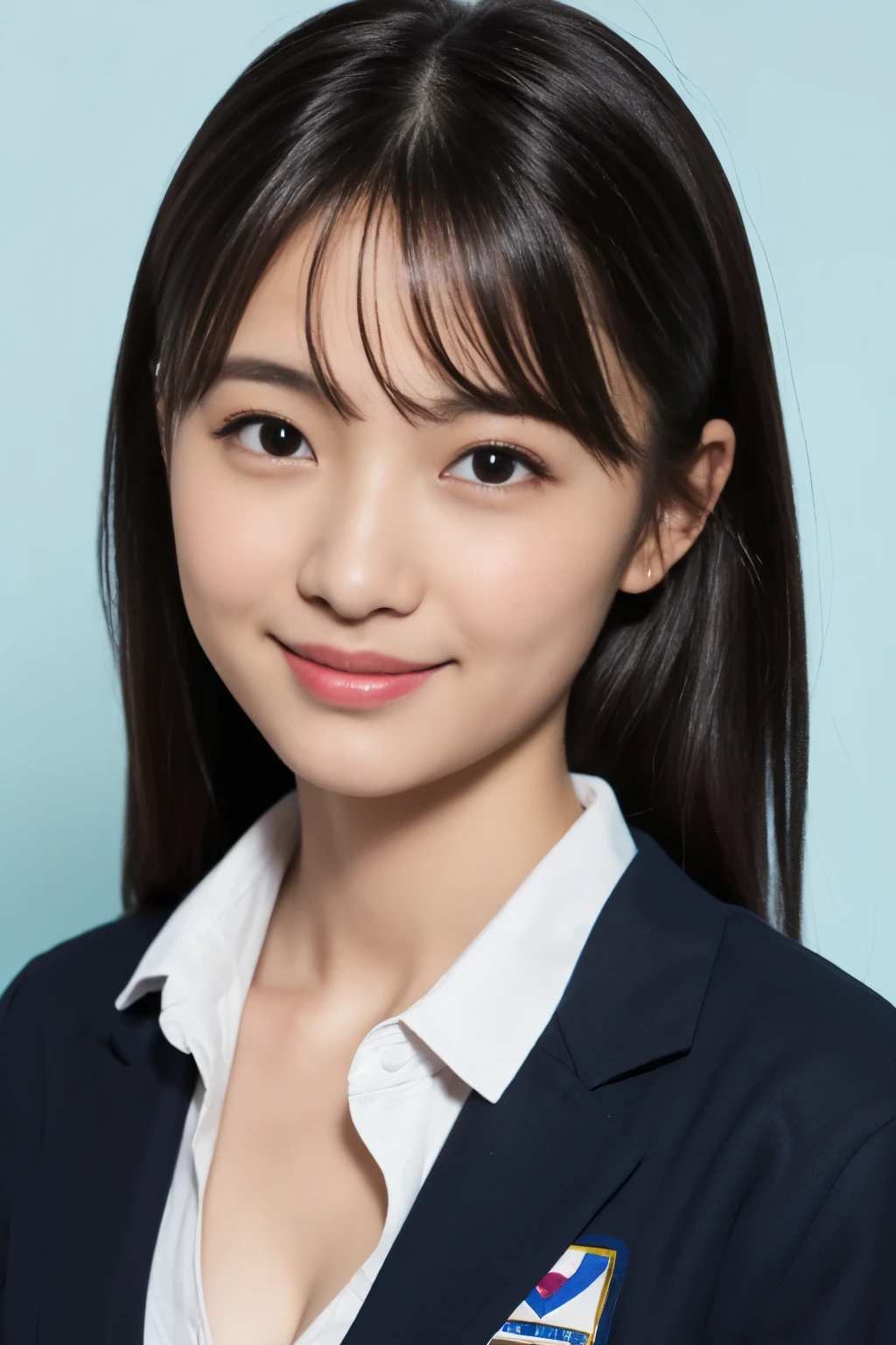 ((ID photo、face only))、(School Uniform Jacket、Detailed bra、black hair、real face)、cute japanese woman、、young girl、light blue background、Turn your body to the front、smile、blank space above the head