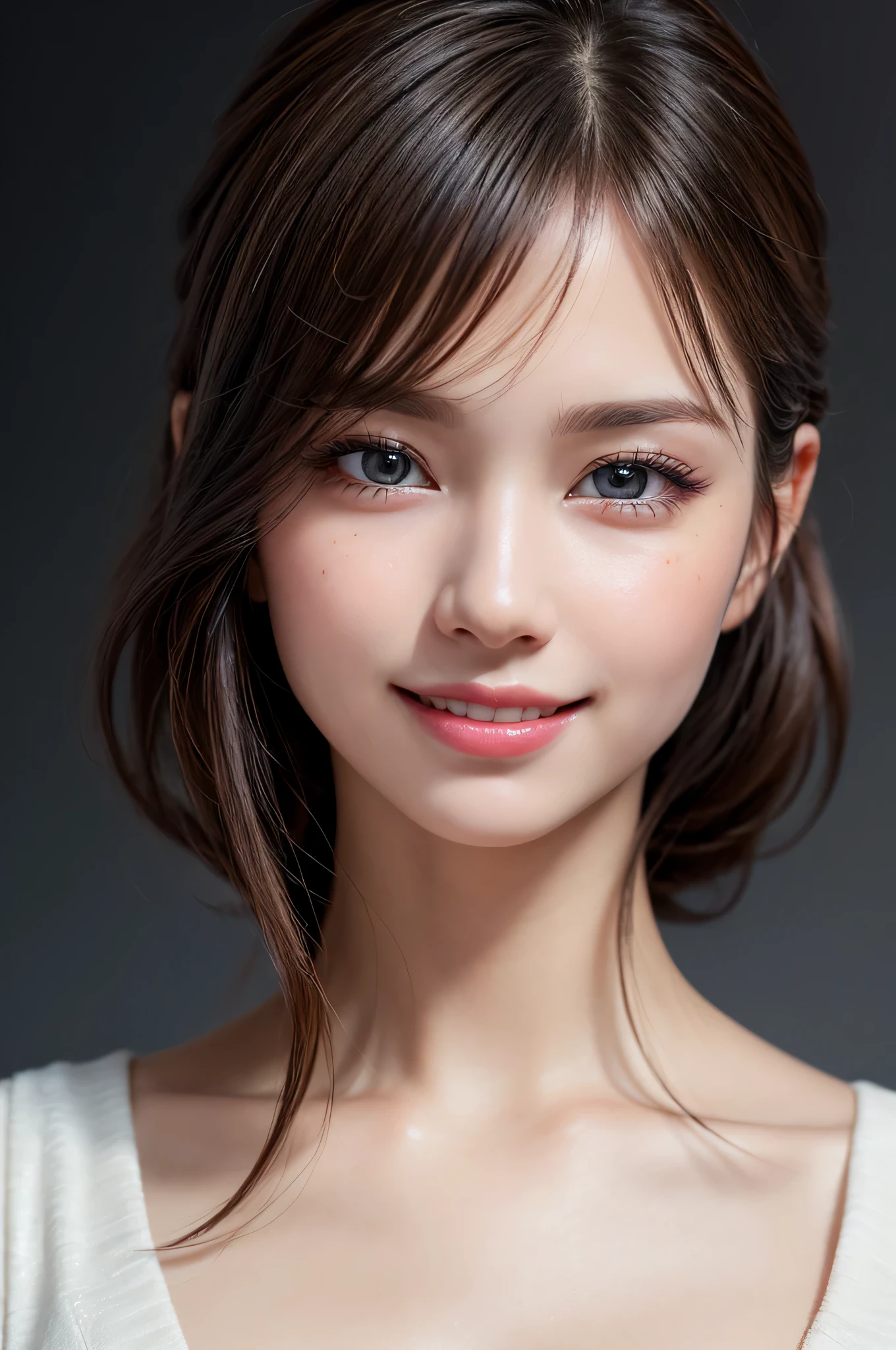 (1girl), Solo, Extremely cute, Amazing face and eyes, (Beautiful lovely smile), (extremely detailed beautiful face), bright shiny lips, (Best Quality:1.4), (Ultra-detailed), (A hyper-realistic, Photorealsitic:1.37), Beautiful fair skin, (Soft and squishy), extremely detailed CG unified 8k wallpaper, RAW Photos, professional photograpy, Cinematic lighting,