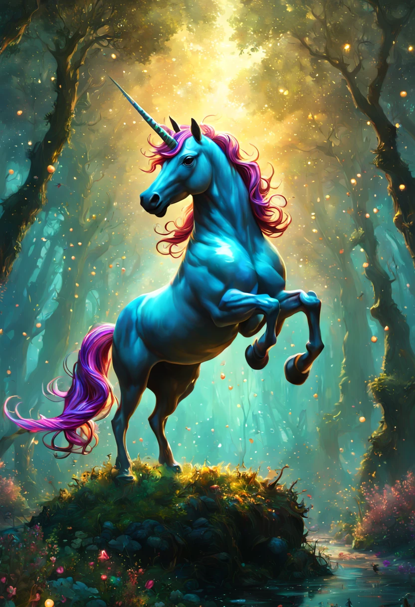(Fantasy Unicorn:1.5), bronze filigree, intricate hyperdetailed painting by Jonas De Ro, Gustave Klimt clouds, Ismail Inceoglu, Huang Guangjian, CGSociety, ZBrush Central, fantasy art, album cover art, 8k resolution, intricately beautiful, forest, glitter, fireflies, magical atmosphere, intense glow, cool color scheme, high definition, detailed matte painting, deep color, fantastical, intricate detail, splash screen, complementary colors, fantasy concept art, 8k resolution trending on Artstation Unreal Engine 5