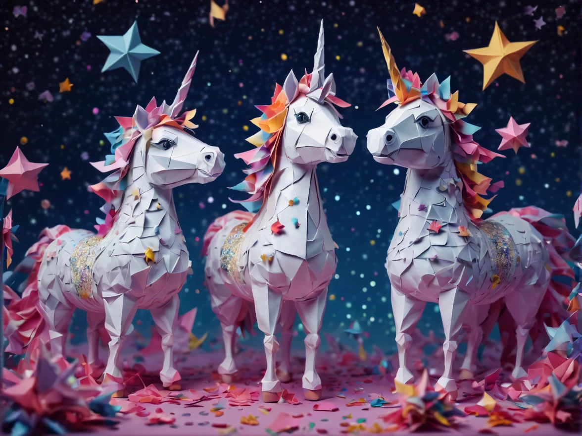 Full scene. mini ponytailed unicorn portraits, big smile to the camera, starry sky, zentangled, origami, 3d crunch, magical flashes and explosions crossing the horizon,