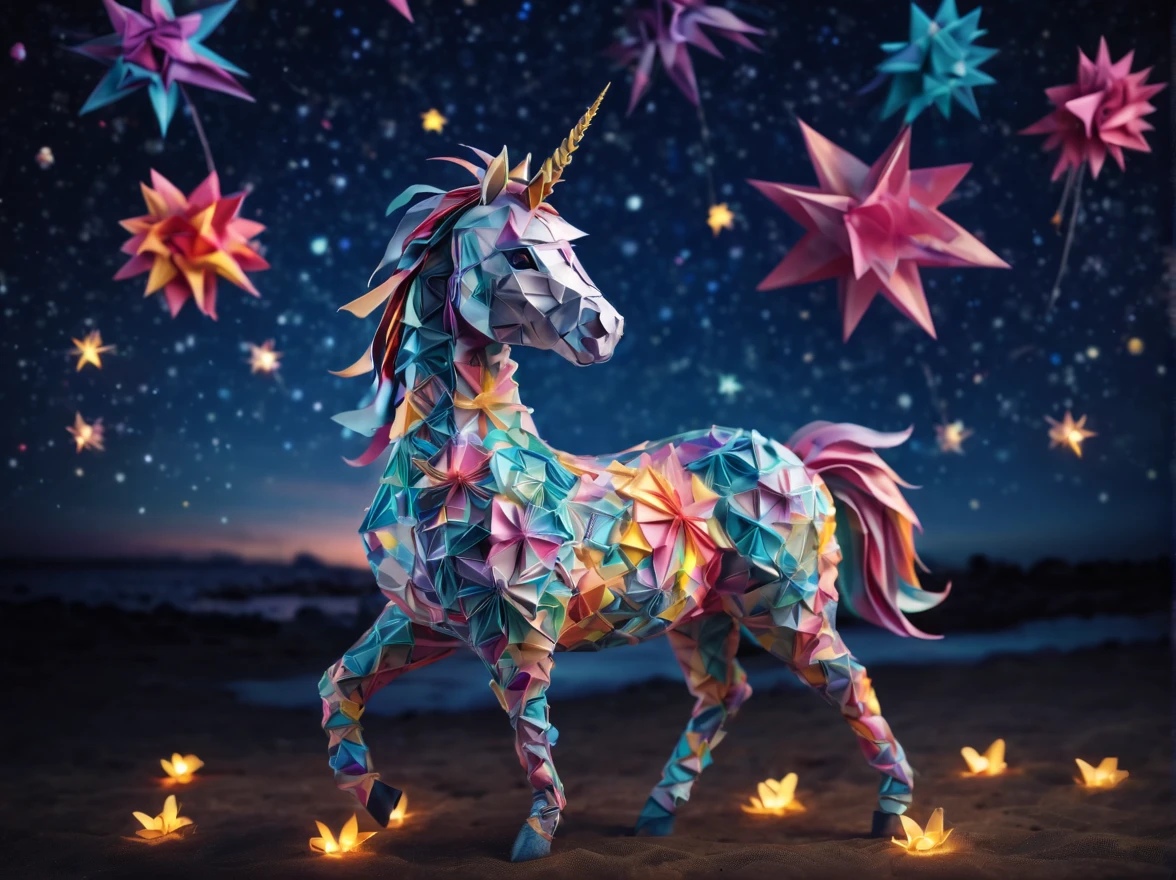 Full scene. mini ponytailed unicorn portraits, big smile to the camera, starry sky, zentangled, origami, 3d crunch, magical flashes and explosions crossing the horizon,