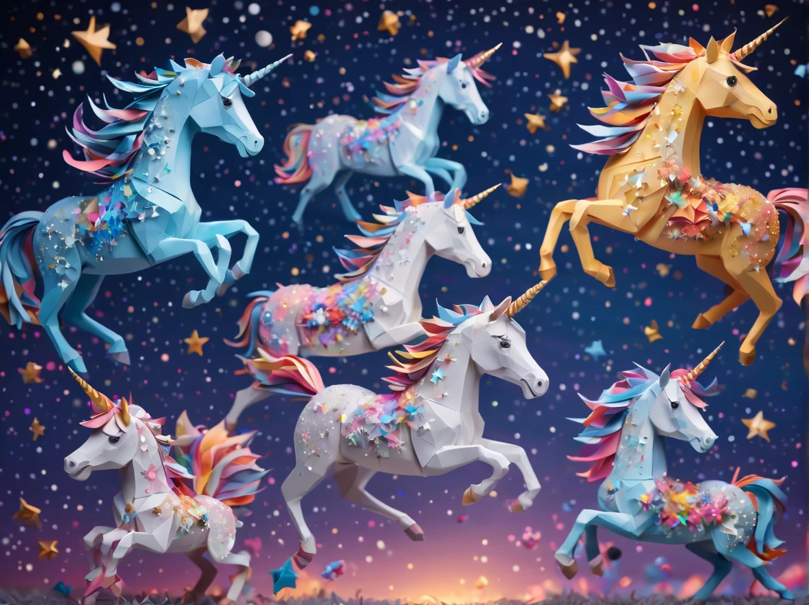 Full scene. mini ponytailed unicorn portraits, big smile to the camera, starry sky, zentangled, origami, 3d crunch, magical flashes and explosions crossing the horizon,