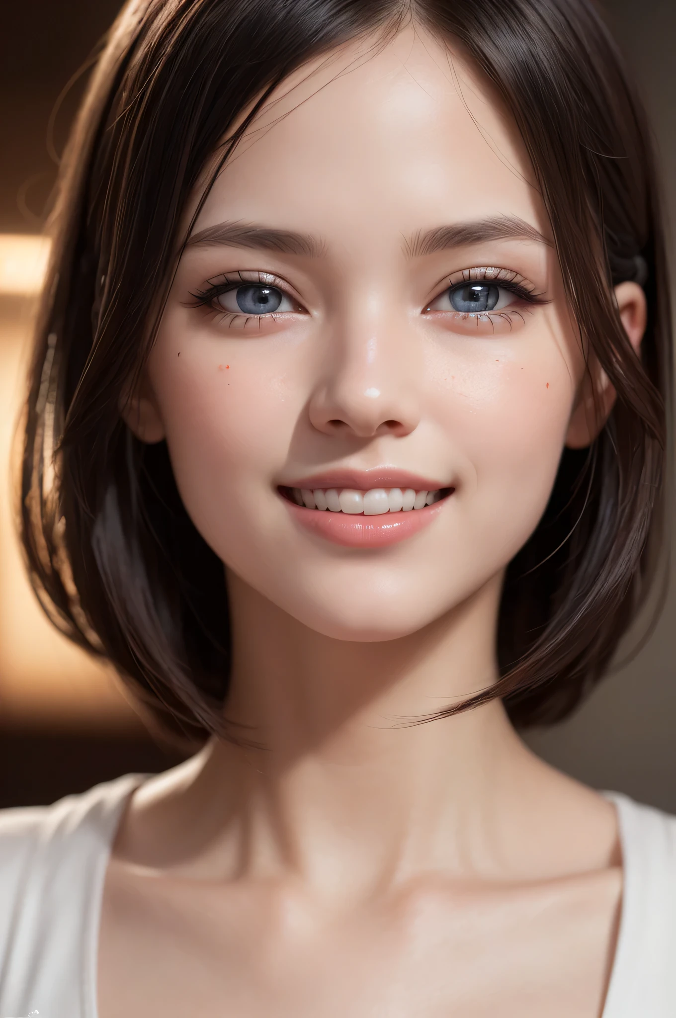 (1girl), Solo, Extremely cute, Amazing face and eyes, (Beautiful lovely smile), (extremely detailed beautiful face), bright shiny lips, (Best Quality:1.4), (Ultra-detailed), (A hyper-realistic, Photorealsitic:1.37), Beautiful fair skin, (Soft and squishy), extremely detailed CG unified 8k wallpaper, RAW Photos, professional photograpy, Cinematic lighting,