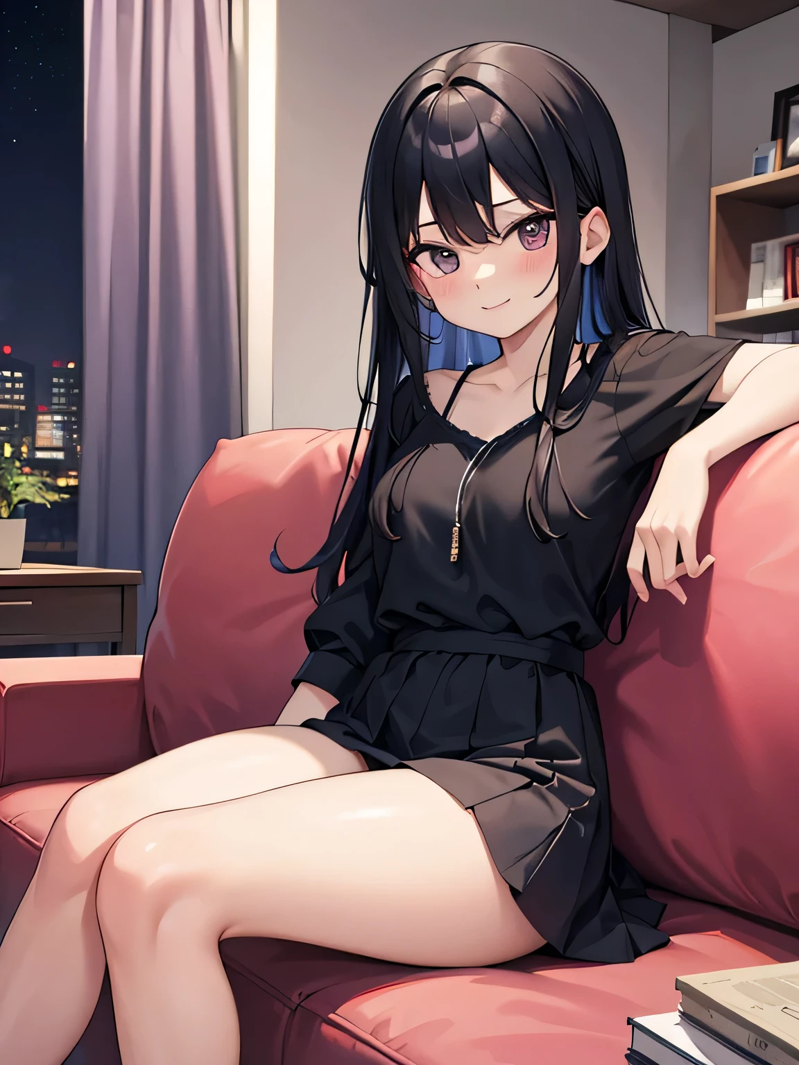 (1) A woman is sitting alone on a sofa in the living room. Her pink panties are almost visible between her thighs and skirt.
(2) The woman is wearing a blue long-sleeved mini dress.
(3) she has long black hair.
(4) Her expression is a smile; She is 29 years old and has a mature look..
(5) The location is the sofa in the living room of the apartment at night..