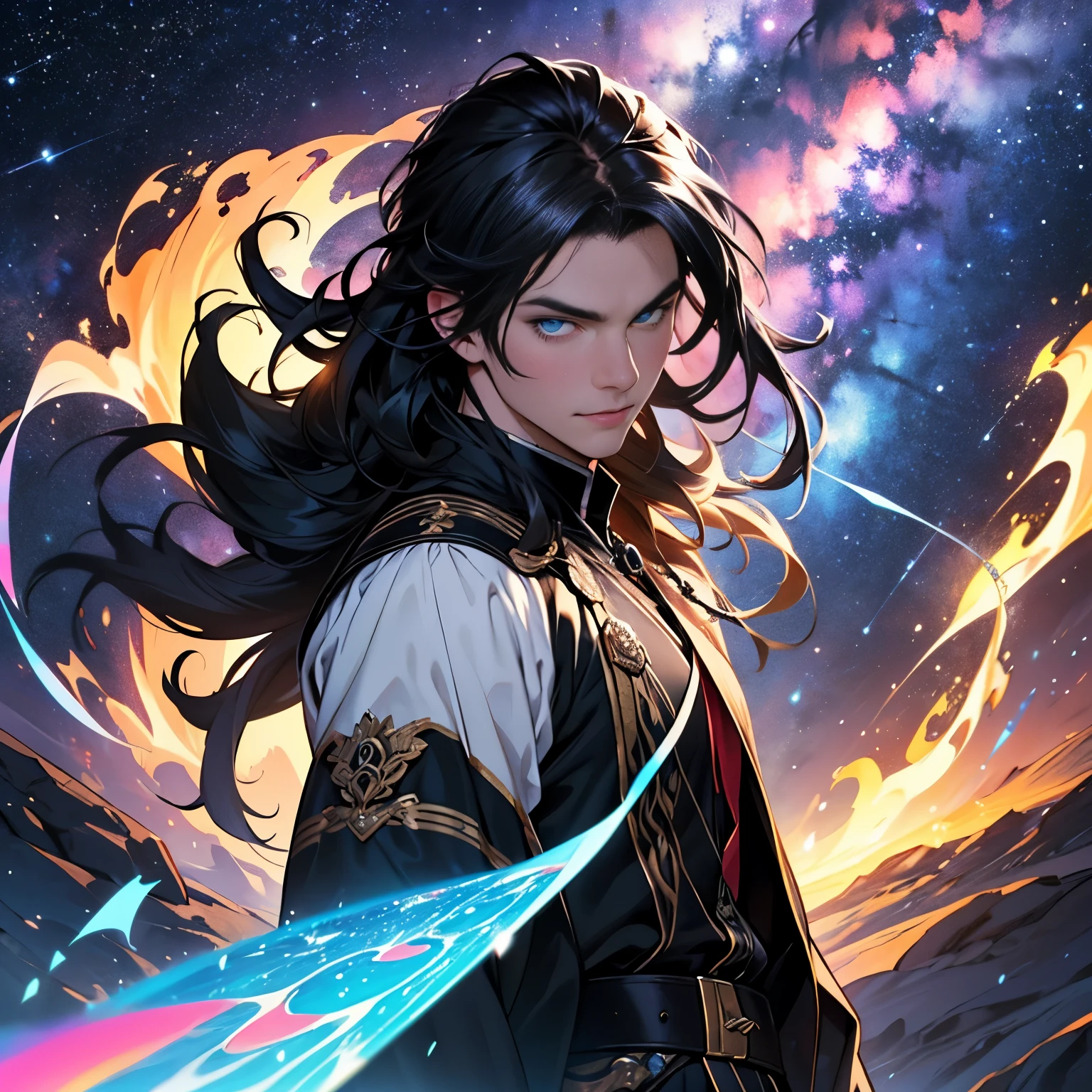 A boy, handsome, fair-skinned, resolute Prismatic eyes, long flowing black hair, blue eyes, powerful, black dress, antique style, streamer surrounding, 8k, thunder, flame, colorful light, starry sky, cracked, milky way,