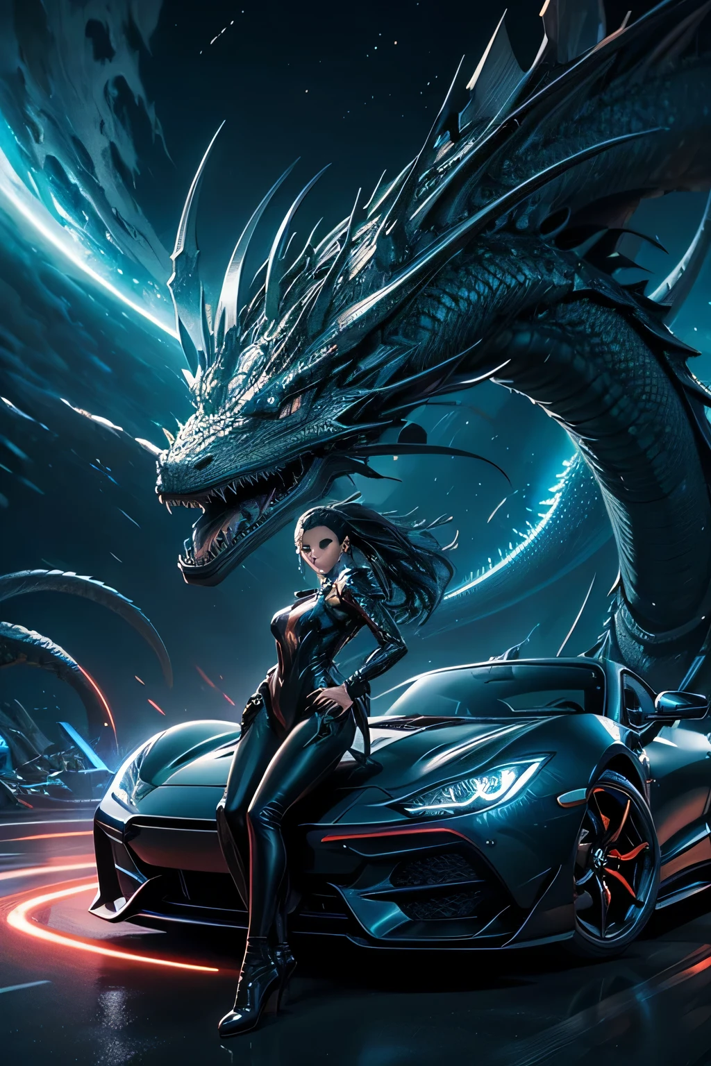 dragon style、biomorphic、car from another world、stylish、Functions that transcend time and space、forward/Reversing function、Extradimensional space warp、Autonomous driving、bioenergy、weapons、fantasy、neon light