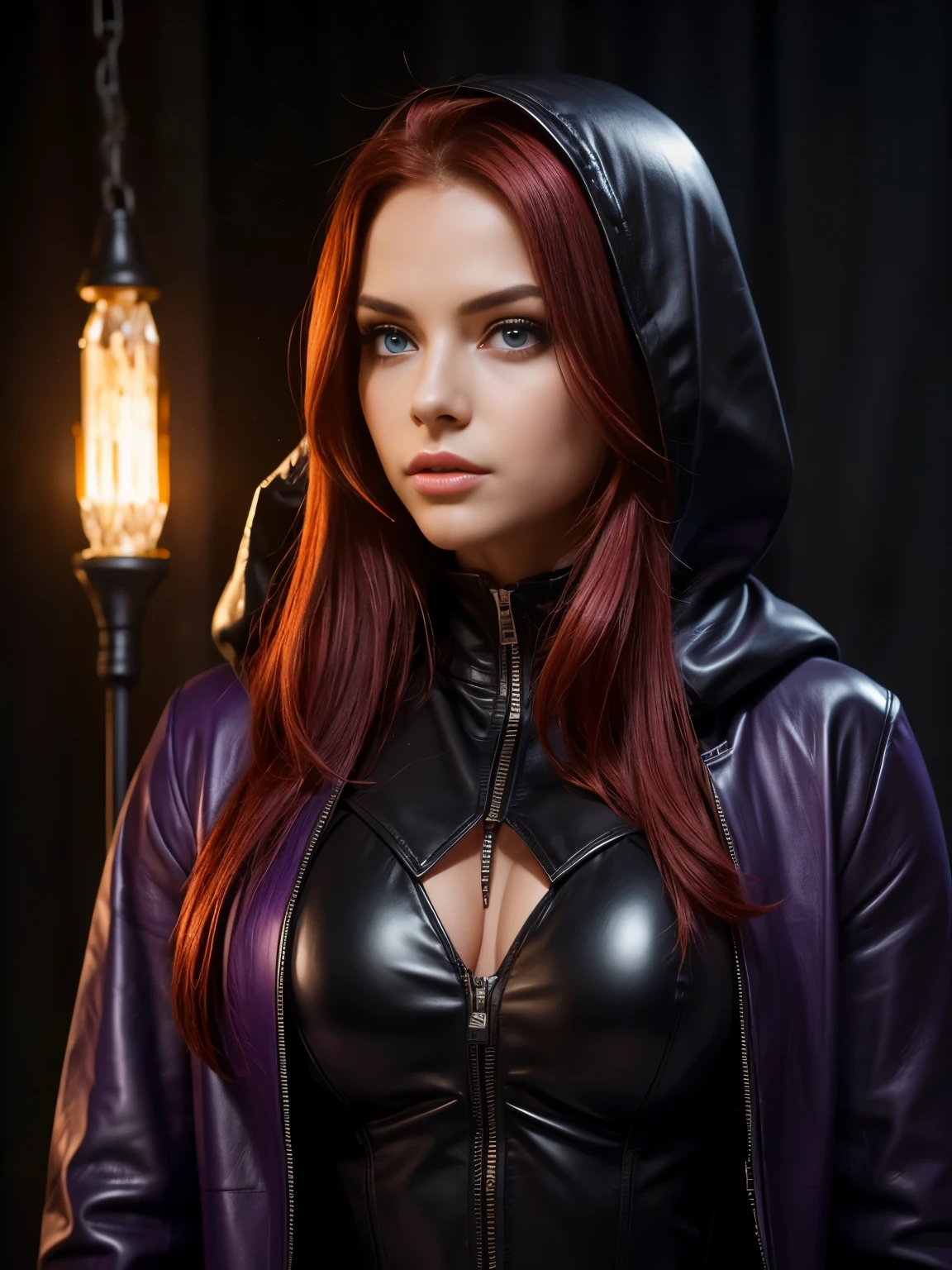A beautiful girl with a mysterious light that illuminates the dark night. She wears a purple leather suit and a long red hooded coat, and is the strongest magician who harbors and unleashes the power of black, gorgeous eyes, super long red hair
