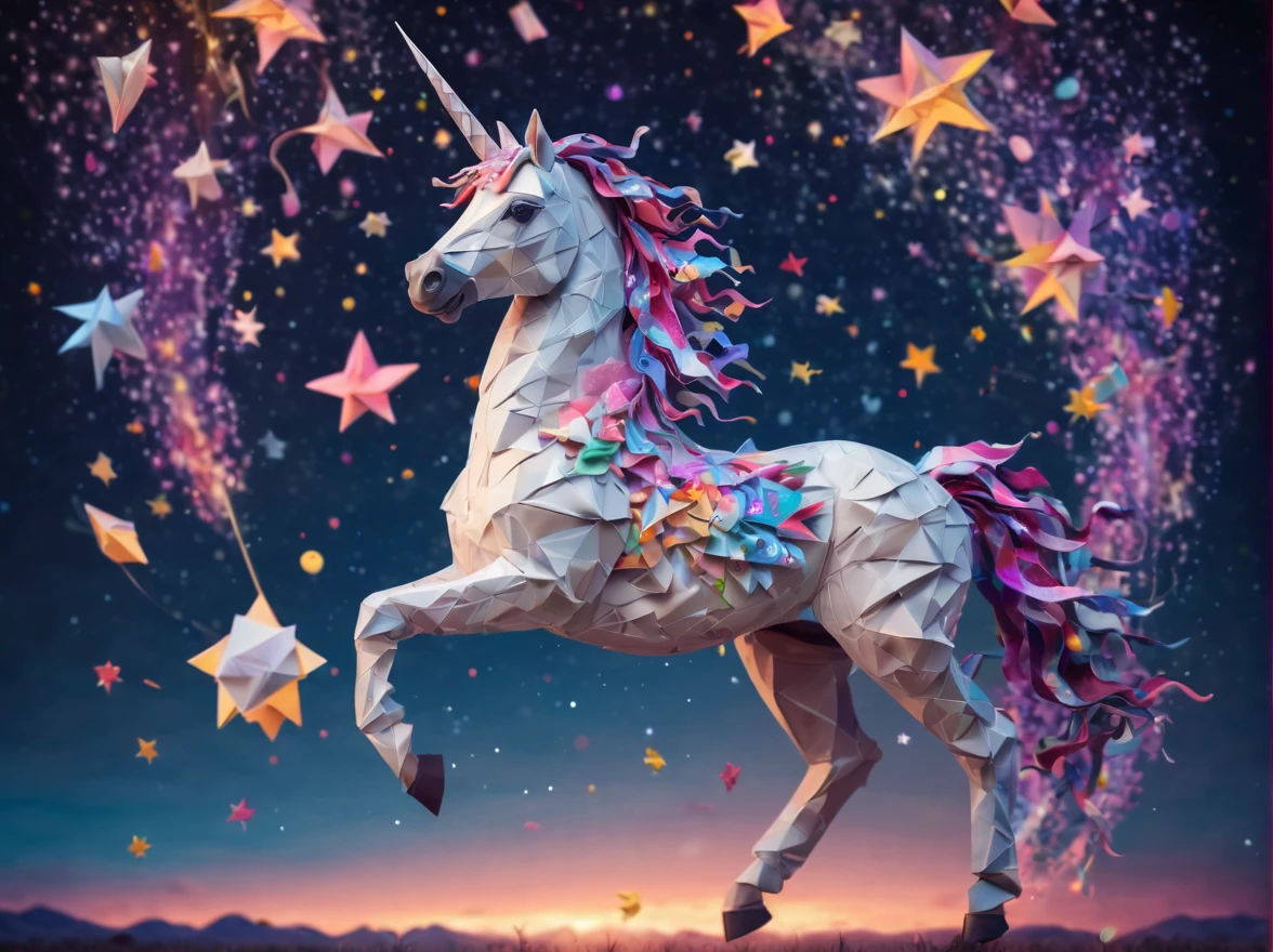 Full scene. mini ponytailed unicorn portraits, big smile to the camera, starry sky, zentangled, origami, 3d crunch, magical flashes and explosions crossing the horizon,