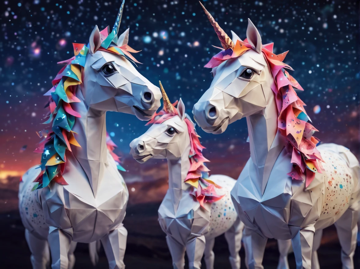 Full scene. mini ponytailed unicorn portraits, big smile to the camera, starry sky, zentangled, origami, 3d crunch, magical flashes and explosions crossing the horizon,