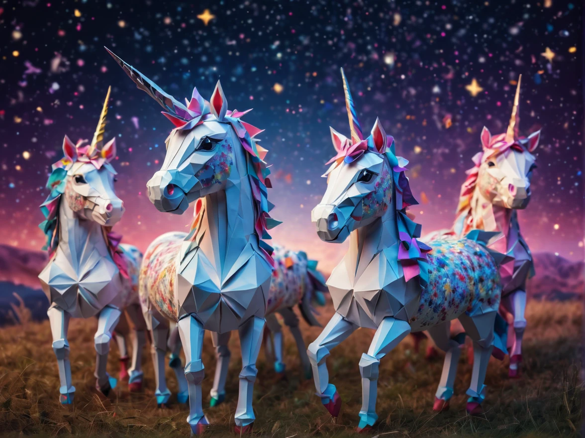 Full scene. mini ponytailed unicorn portraits, big smile to the camera, starry sky, zentangled, origami, 3d crunch, magical flashes and explosions crossing the horizon,