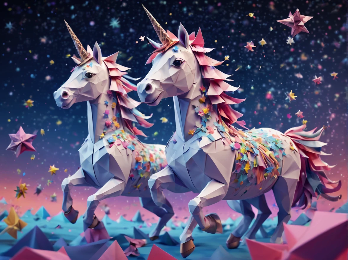 Full scene. mini ponytailed unicorn portraits, big smile to the camera, starry sky, zentangled, origami, 3d crunch, magical flashes and explosions crossing the horizon,