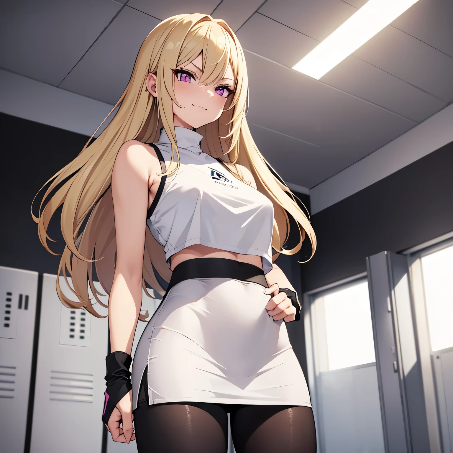  POV stile, Only one arrogant girl, (look on view 1) long blonde hair, pink eyes, in white short high neck top without sleeves, in black high-waisted sport skirt, leggings under skirt, in white boxing gloves, standing in a locker room, (arrogant smile 1),