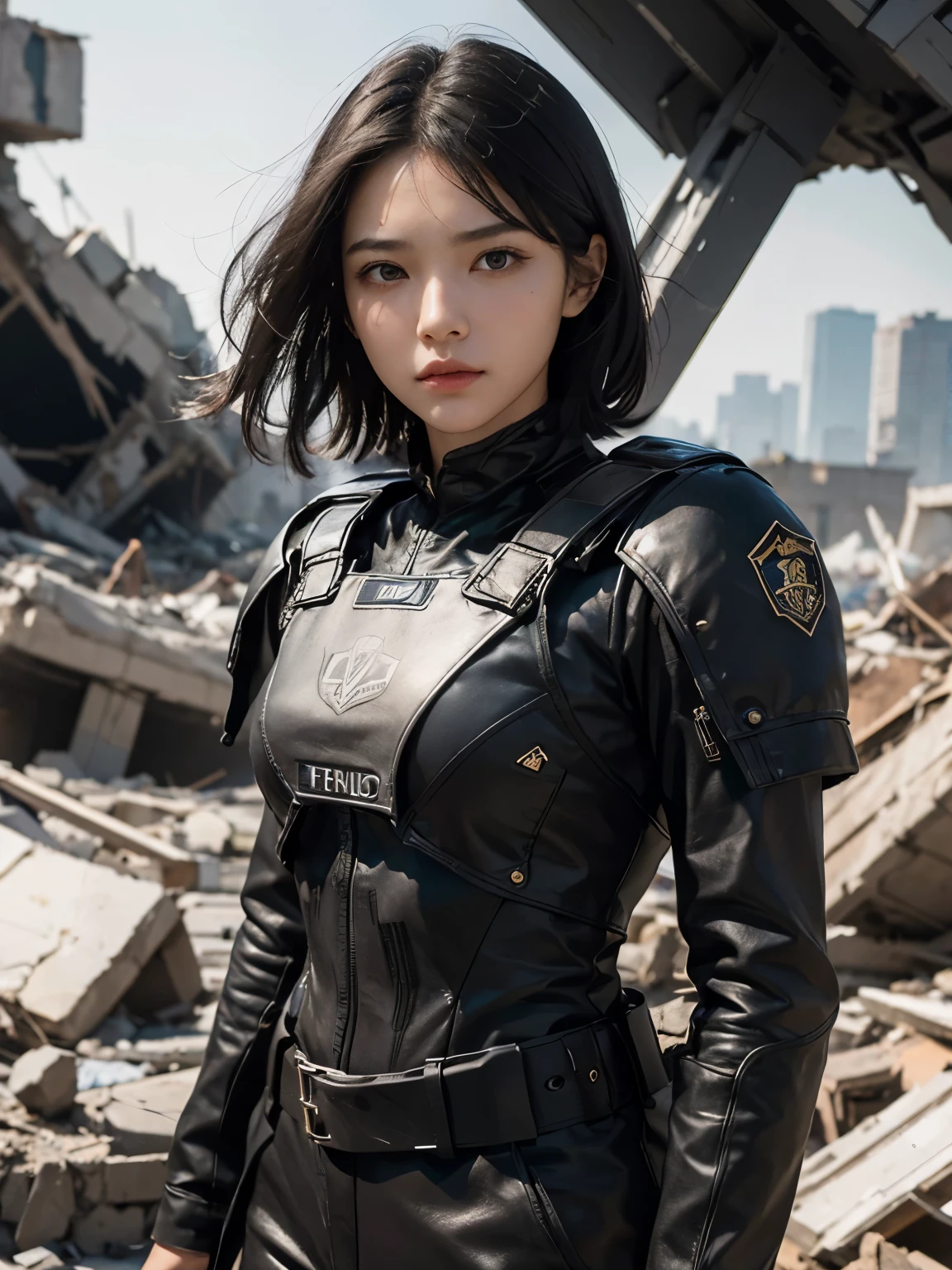 A beautiful woman with a serious expression while looking at the camera. Black hair. Twenty years old. The woman is wearing a black metallic combat uniform. In the background of the woman is a city that has been reduced to a pile of rubble. There is a small spaceship that she came aboard in that city.