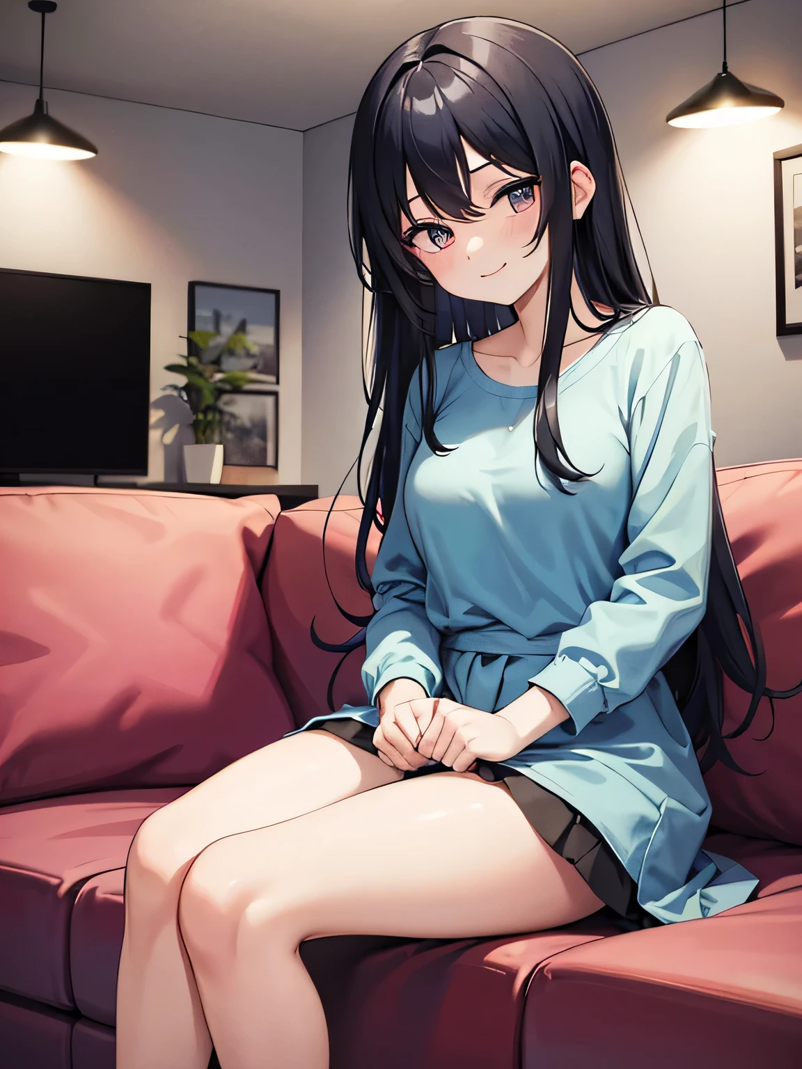 (1) A woman is sitting alone on a sofa in the living room. Her pink panties are almost visible between her thighs and skirt.
(2) The woman is wearing a blue long-sleeved mini dress.
(3) she has long black hair.
(4) Her expression is a smile; She is 29 years old and has a mature look..
(5) The location is the sofa in the living room of the apartment at night..