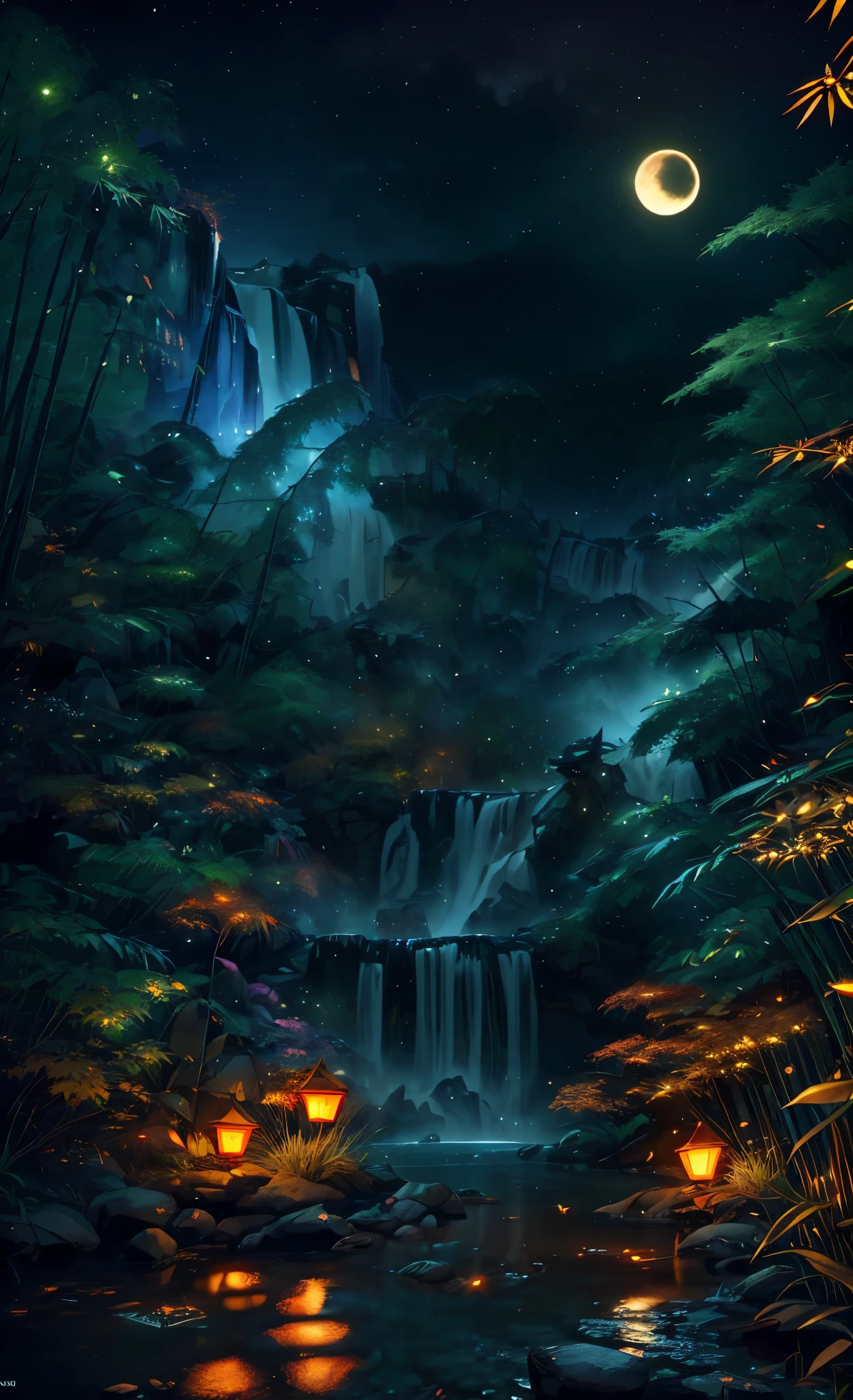 ((diffused color)) Ancient Chinese archwayitecture, cool colors, dark night, moon, garden, bamboo, lake, firefly, rockery, archway, Corners, autumn leaves, water flowing, landscape, outdoor, (big waterfall), Grass, rock, with glowing leaves in the 木s, Glowing fireflies and glowing particle effects, masterpiece, 最high quality, high quality, very detailed CG unity 8k wallpaper, oil, award winning photography, Bokeh, Depth of bounds written, HDR, bloom, ,realistic,very detailed, Trending with ArtStation, trending on cgsociety, Complex, high detail, dramatic, The Art of Mid-Journey, volume lighting