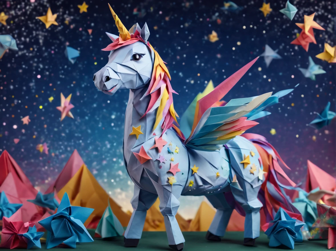 Full scene. mini ponytailed unicorn portraits, big smile to the camera, starry sky, zentangled, origami, 3d crunch, magical flashes and explosions crossing the horizon,